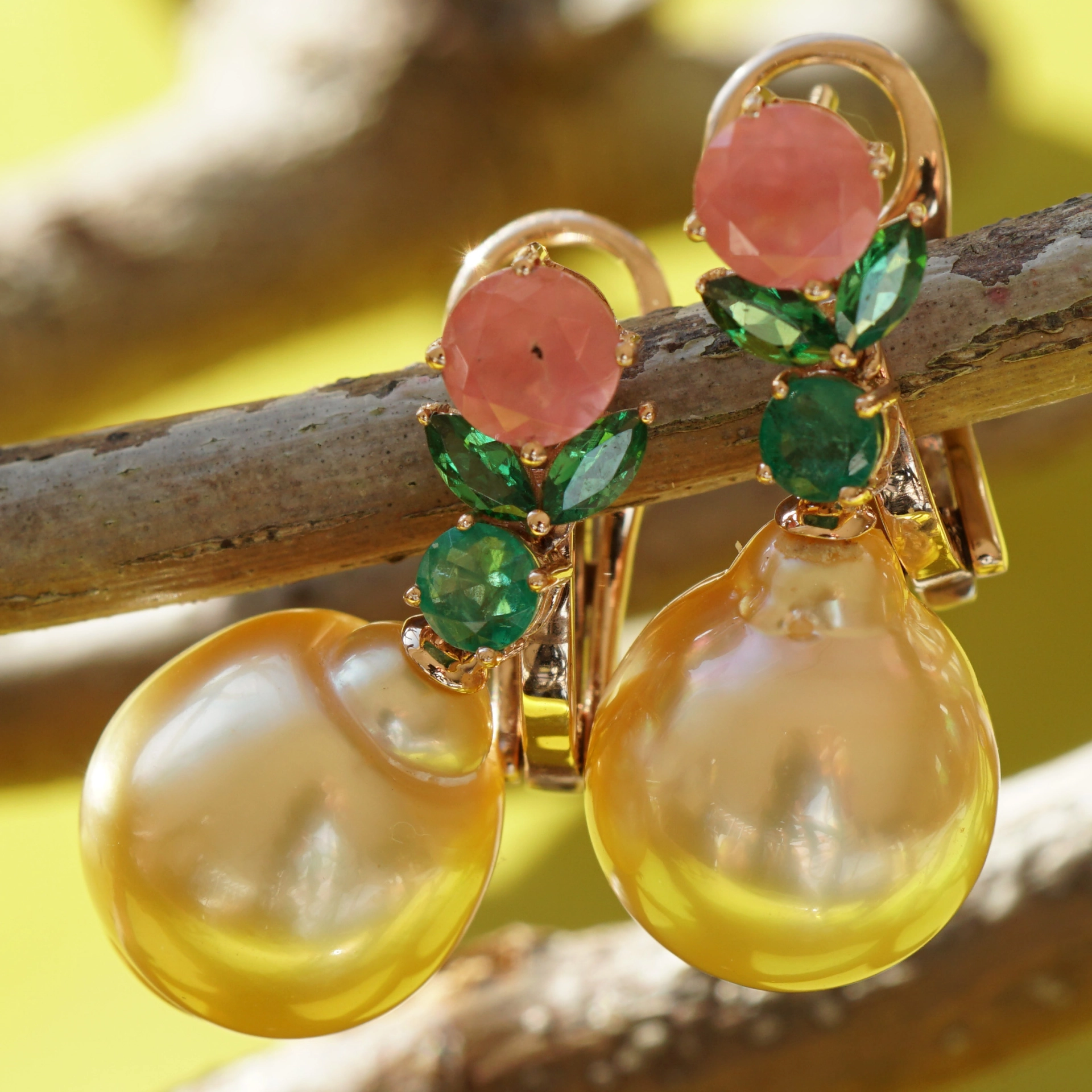 Rhodochrosit Smaragd Demantoid FEEN Ohrhänger mit goldenen Südsee Zuchtperlen 750er Rosegold