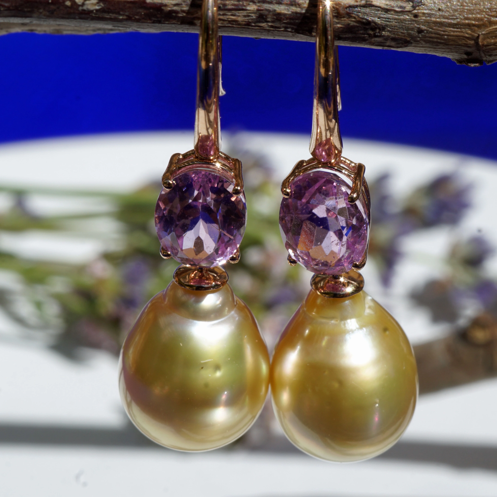Kunzit Südsee Zuchtperl Ohrhänger AAA Lüster top 750er Rosegold ... es weht ein Frühlingsduft