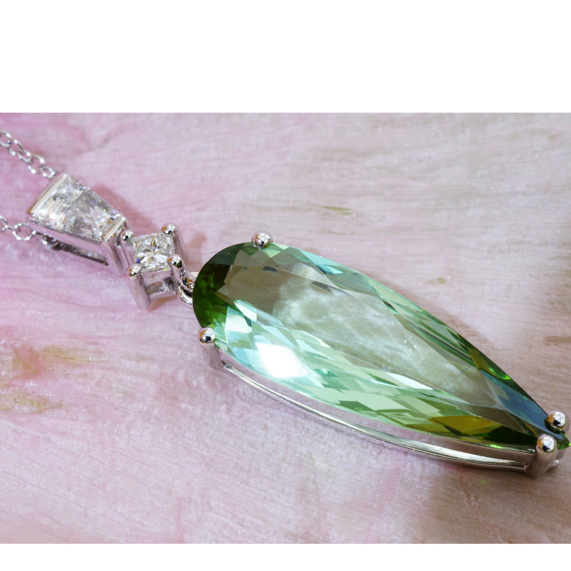 Tourmaline Seamfoam Green Diamond Necklace Rare Mint Color 18 kt White Gold