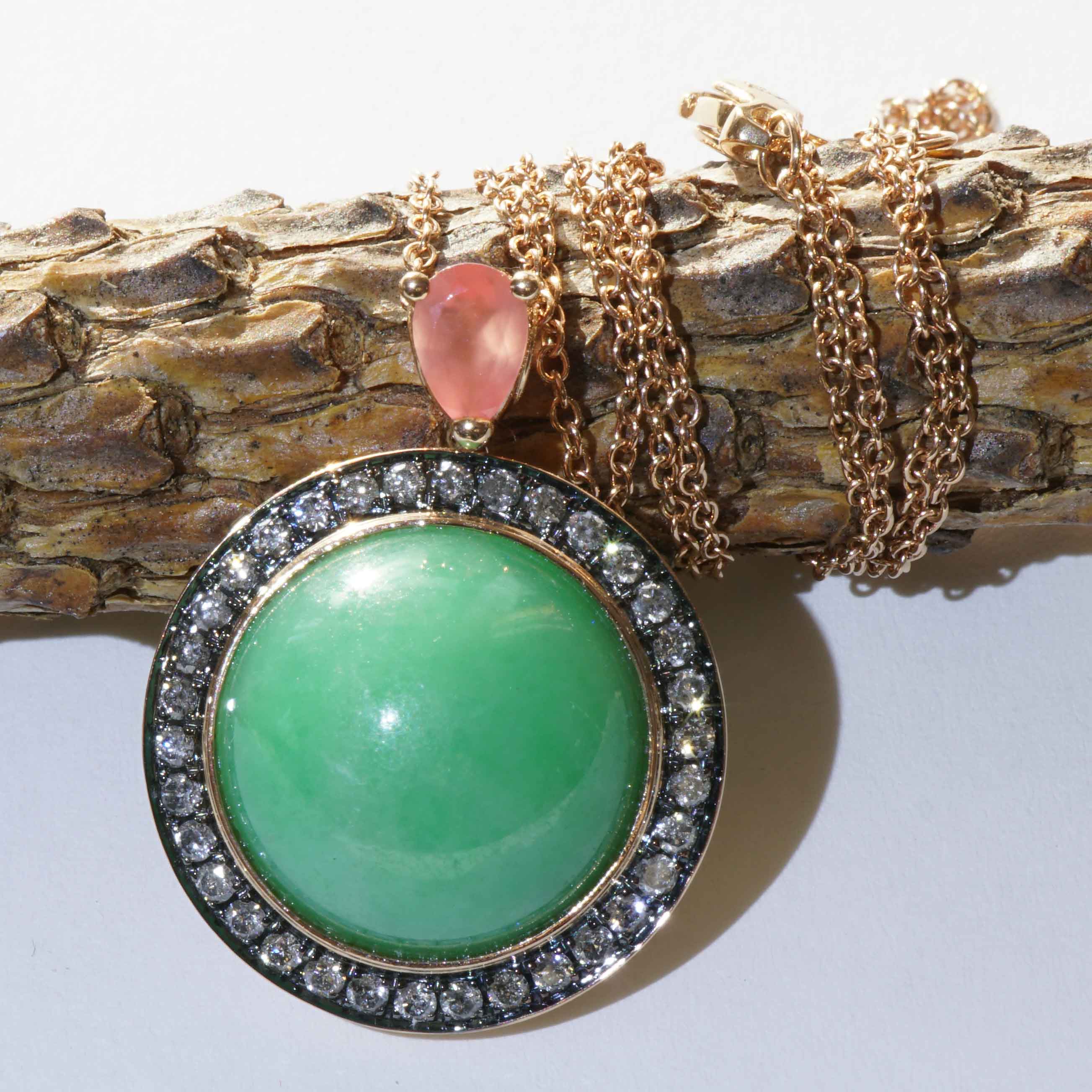 Jade Rhodochrosite Brilliant Pendant with Chain 750 Rose Gold Genuine Natural Jade with Certificate