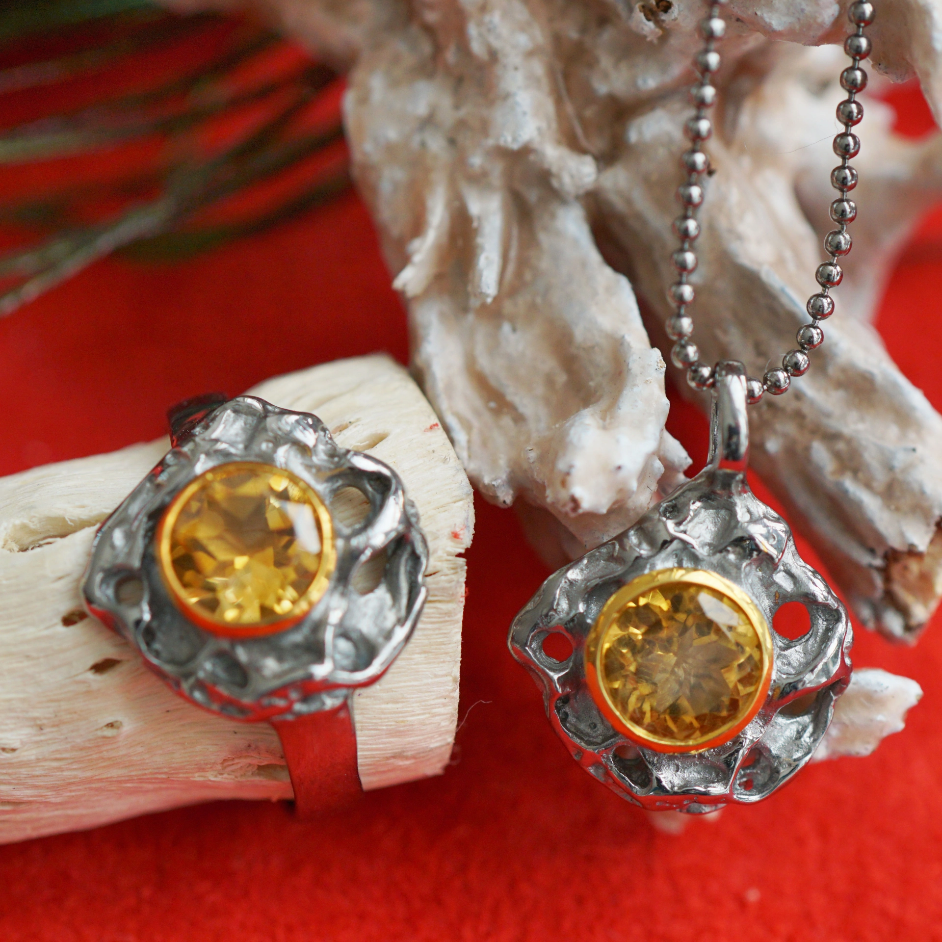 Set:Citrine Pendant and Ring, 925 Silver, Handmade