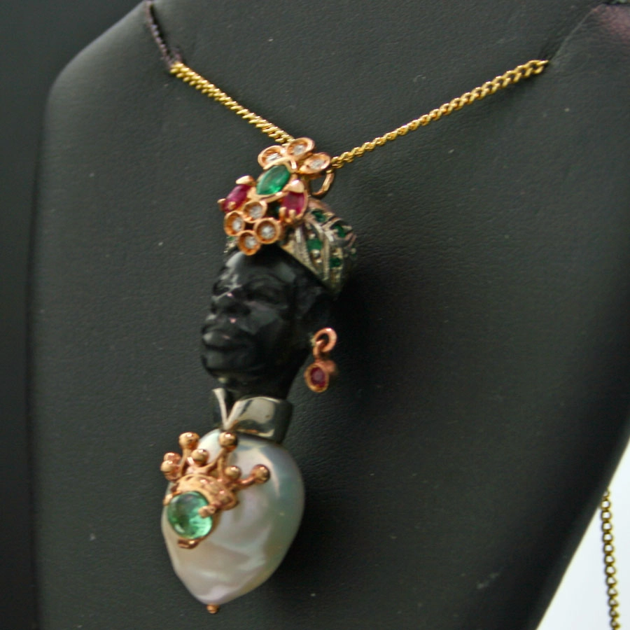 Ebenholz-Diamant-Smaragd-Rubin-Anhänger,375er Gold,Silber,Handarbeit