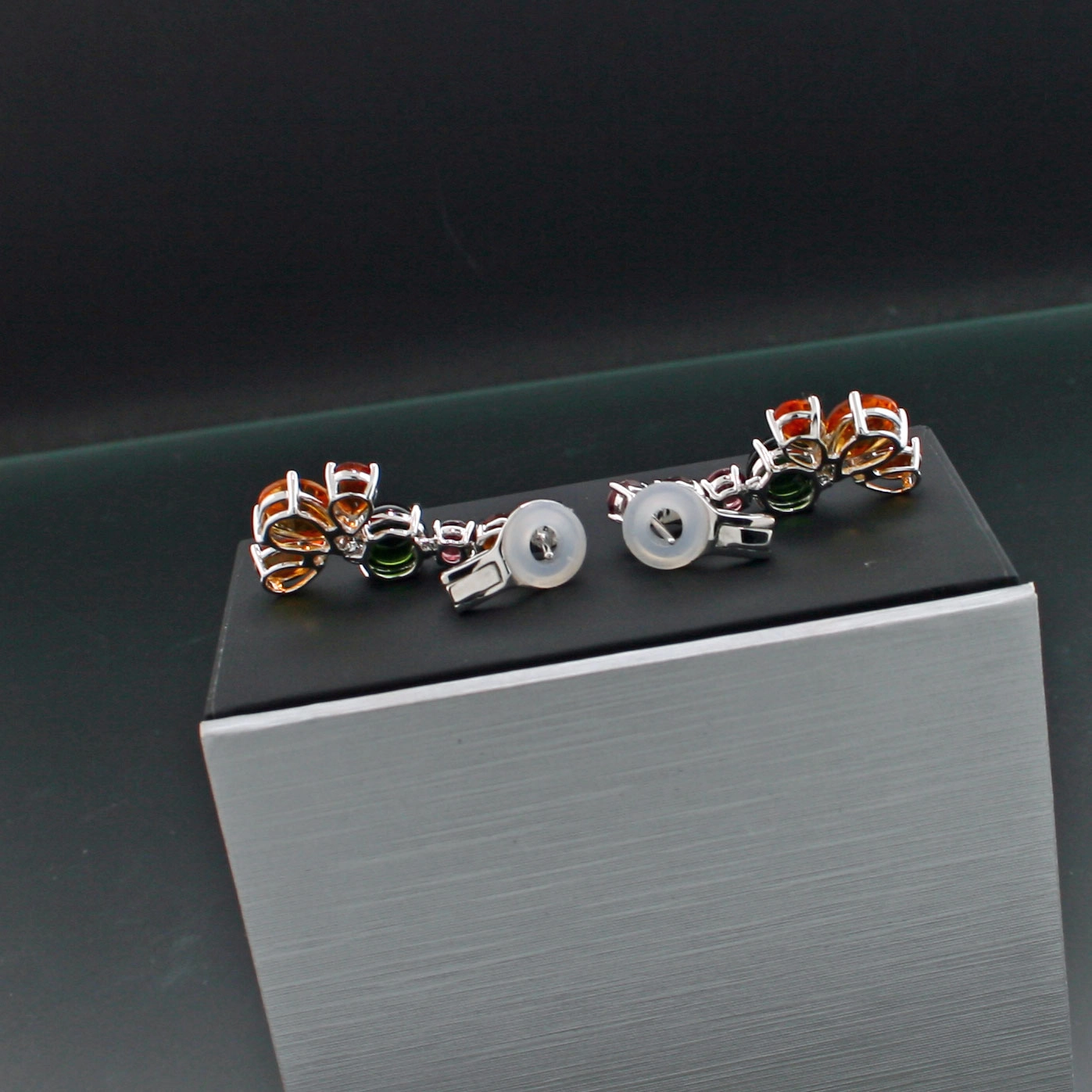 Turmalin-Rhodolith-Citrin-Rubelith-Ohrstecker/Clips, 750er-Gold, 18 kt Weißgold