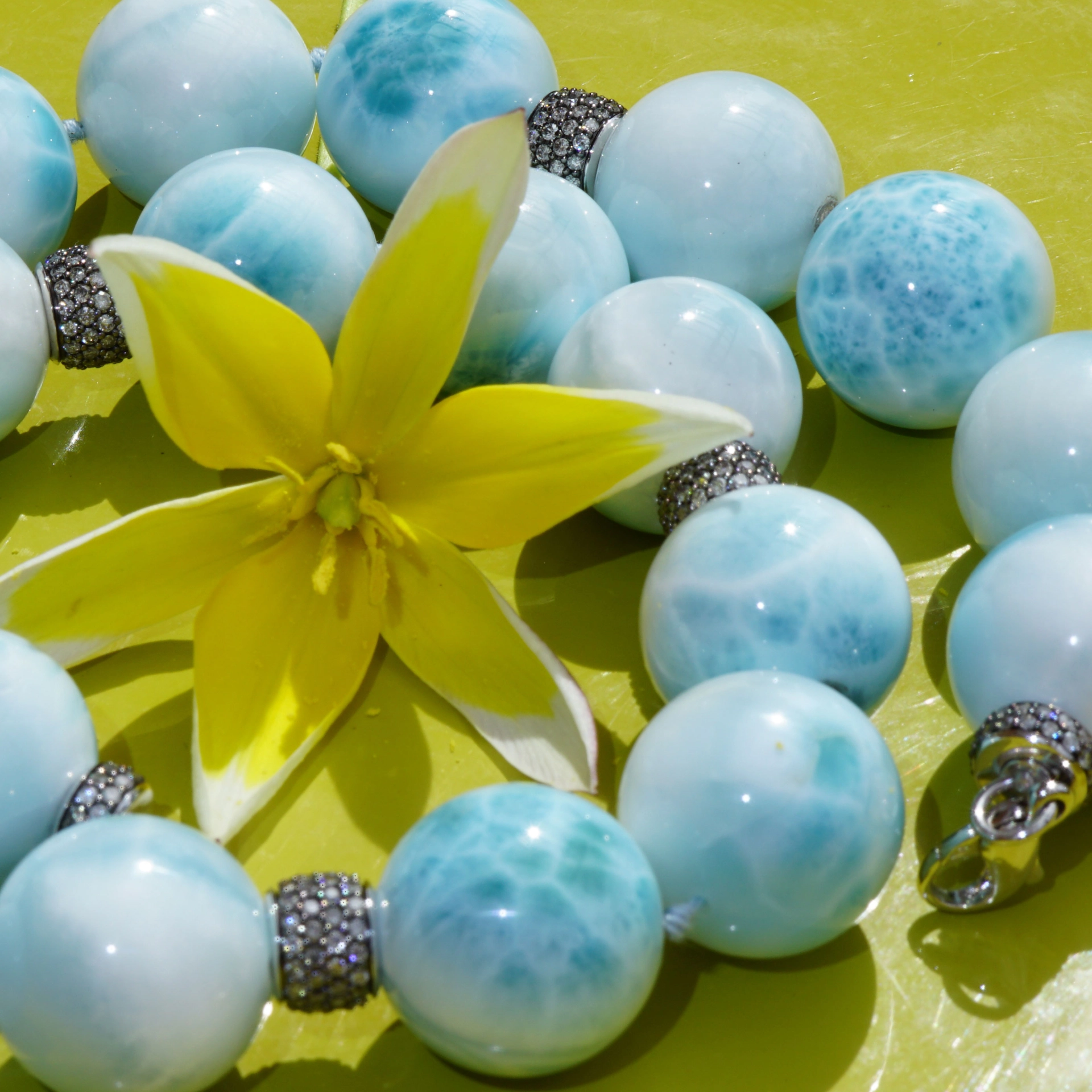 Larimar Ball Necklace 18 kt Whitegold with grey Diamonds..cloudy Beauty..Highest Quality