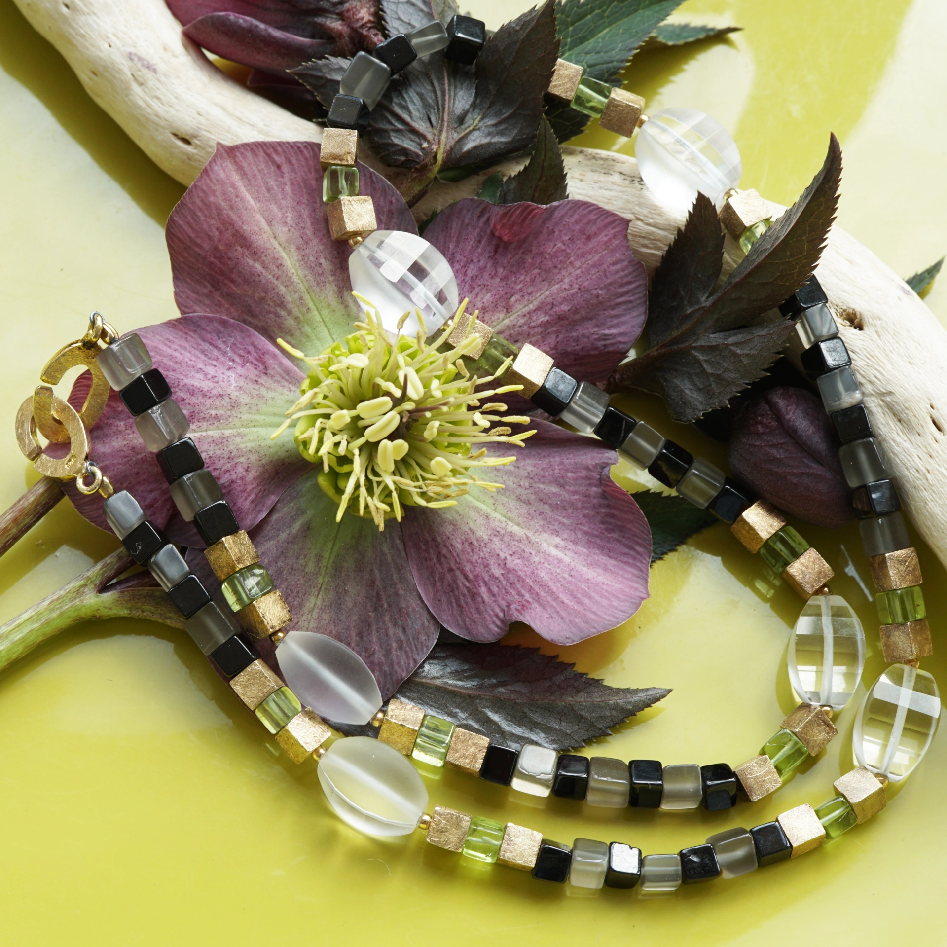 Peridot Smokey Quartz Necklace....cute Cubes...Silver