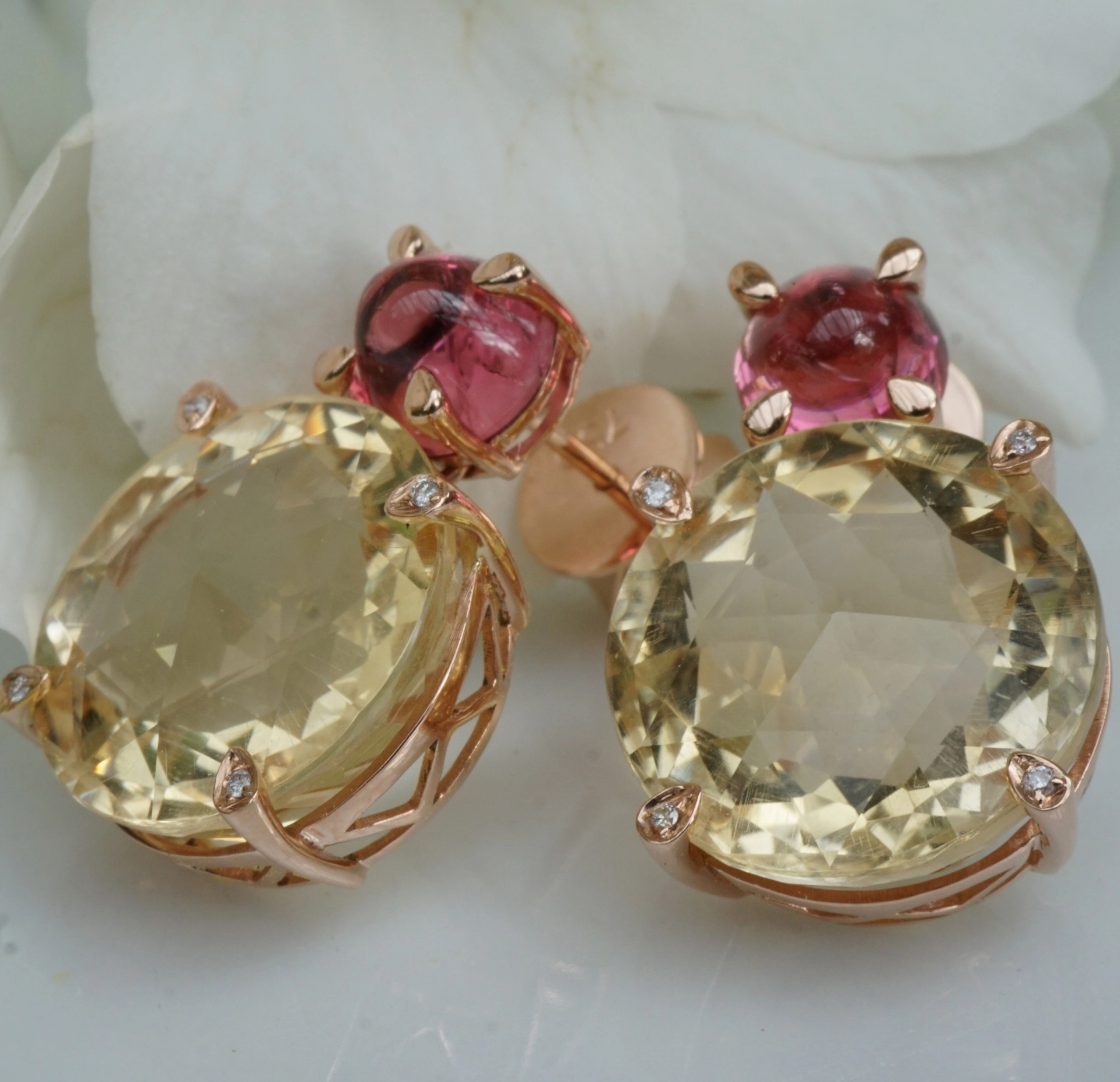 Citrine Tourmaline Ear Studs 18 Gold 20 carat