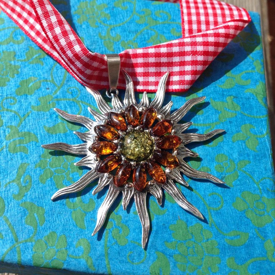 Trachten Anhänger Bernstein Sonnenmotiv 925er Silber 60 x 55 mm gross