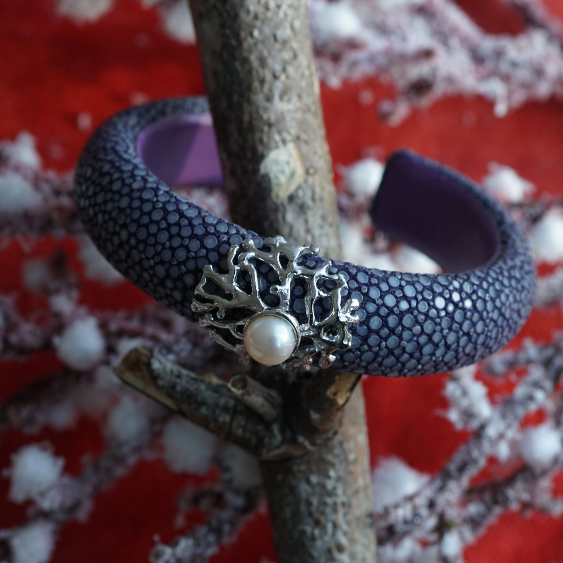 Zuchtperl Rochenleder Armreif under the sea 925er Silber blau