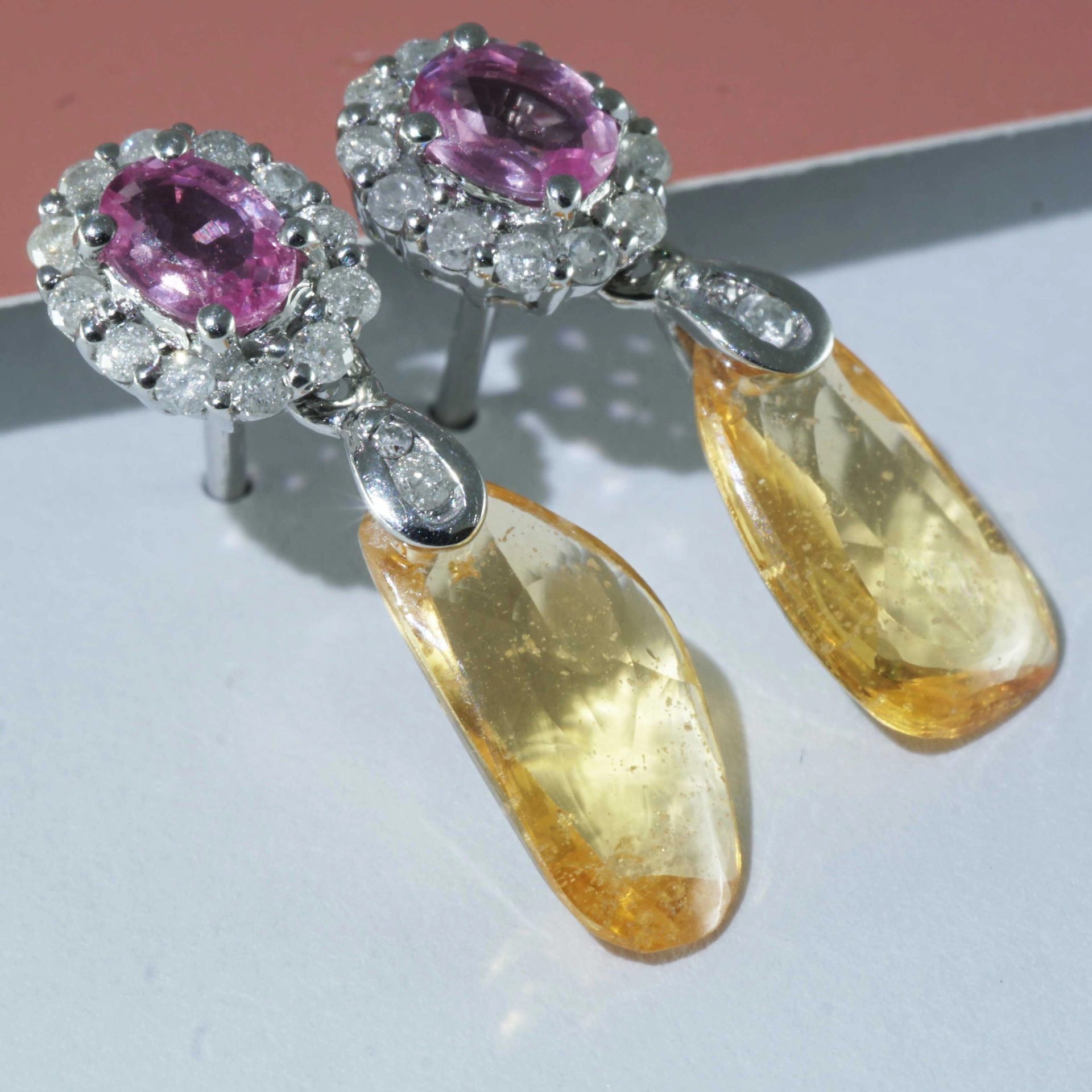 Pink and Yellow Sugarloaf Saphire with Diamond Earrings 18 kt Yellow Gold