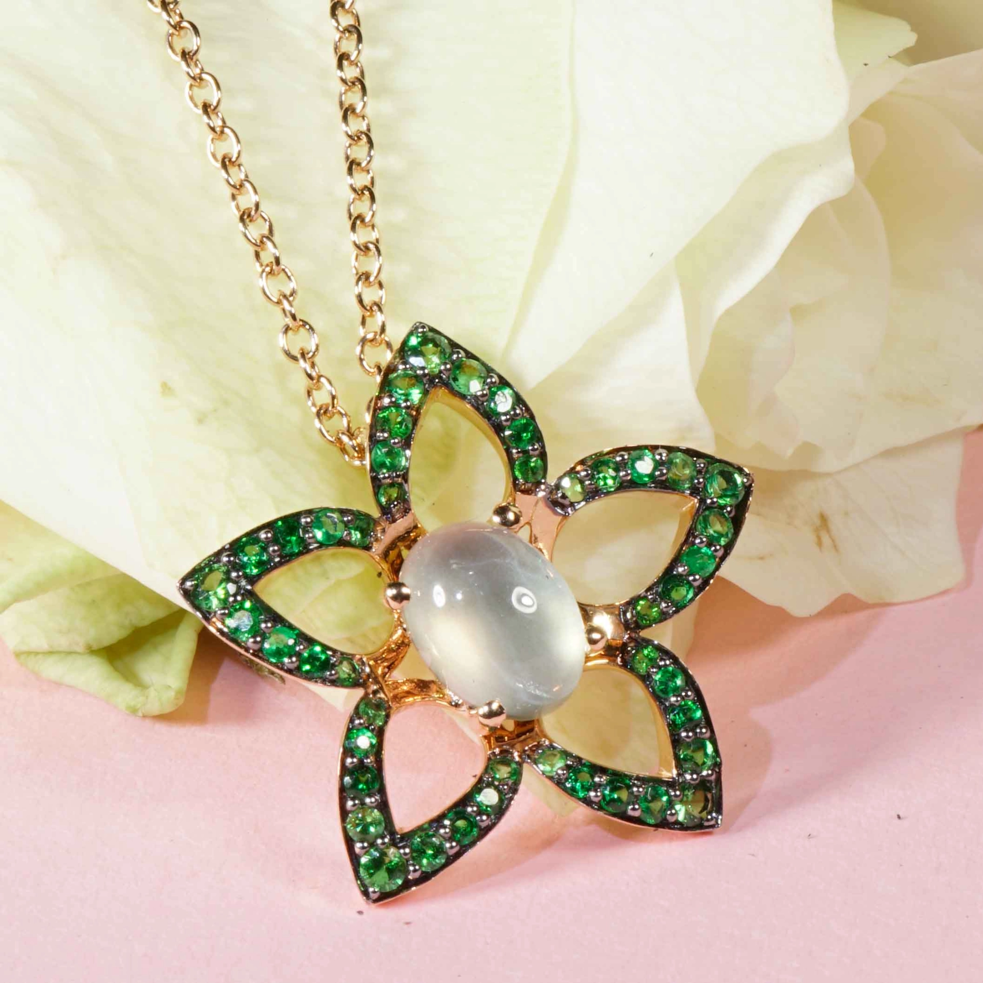 Floral Moonstone Tsavorite 18 kt Rosegold Pendant with Chain....poison green and moonlight