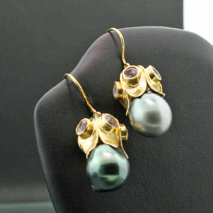 Amethyst-Tahiti-Zuchtperl-Ohrhänger, 585er-Gold,Silber