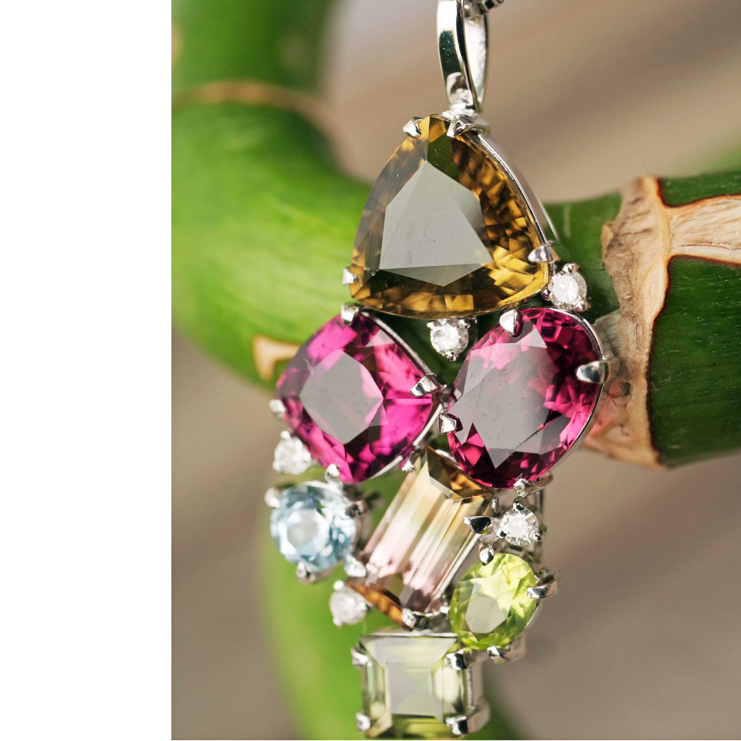 Tourmaline Brilliant Pendant 750 White Gold... rare colors... pink, bicolor, yellow total 7 ct