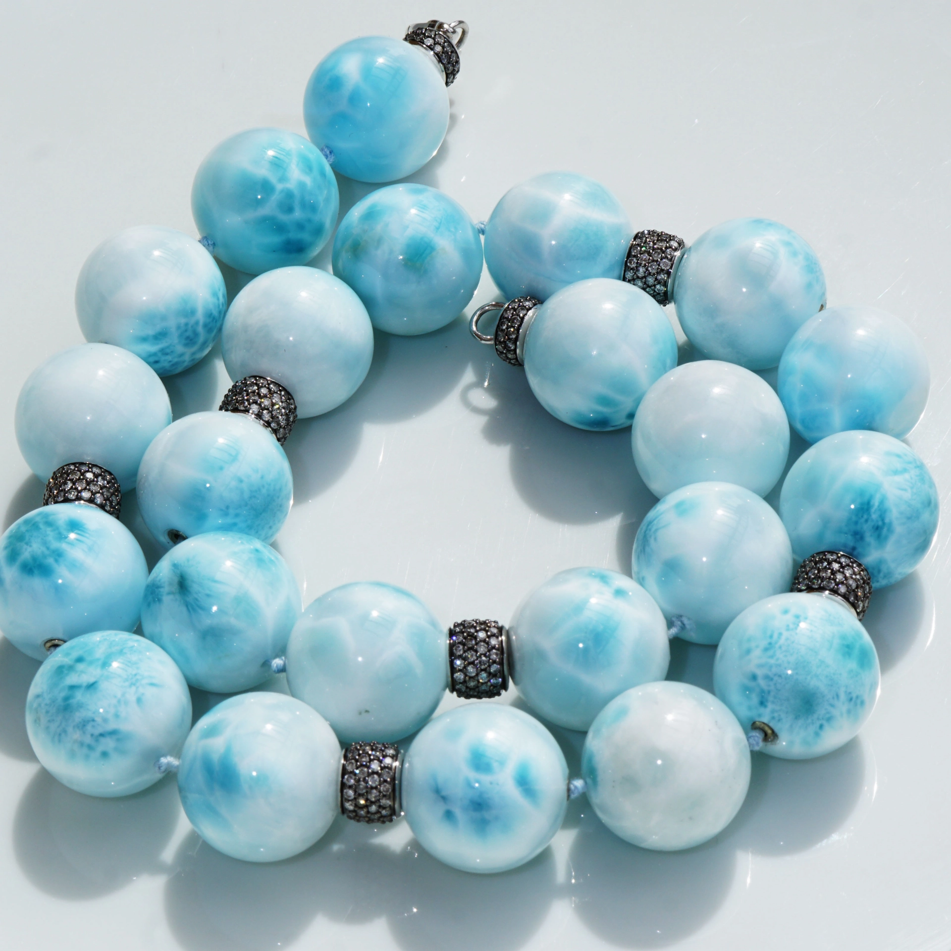 Larimar Ball Necklace 18 kt Whitegold with grey Diamonds..cloudy Beauty..Highest Quality