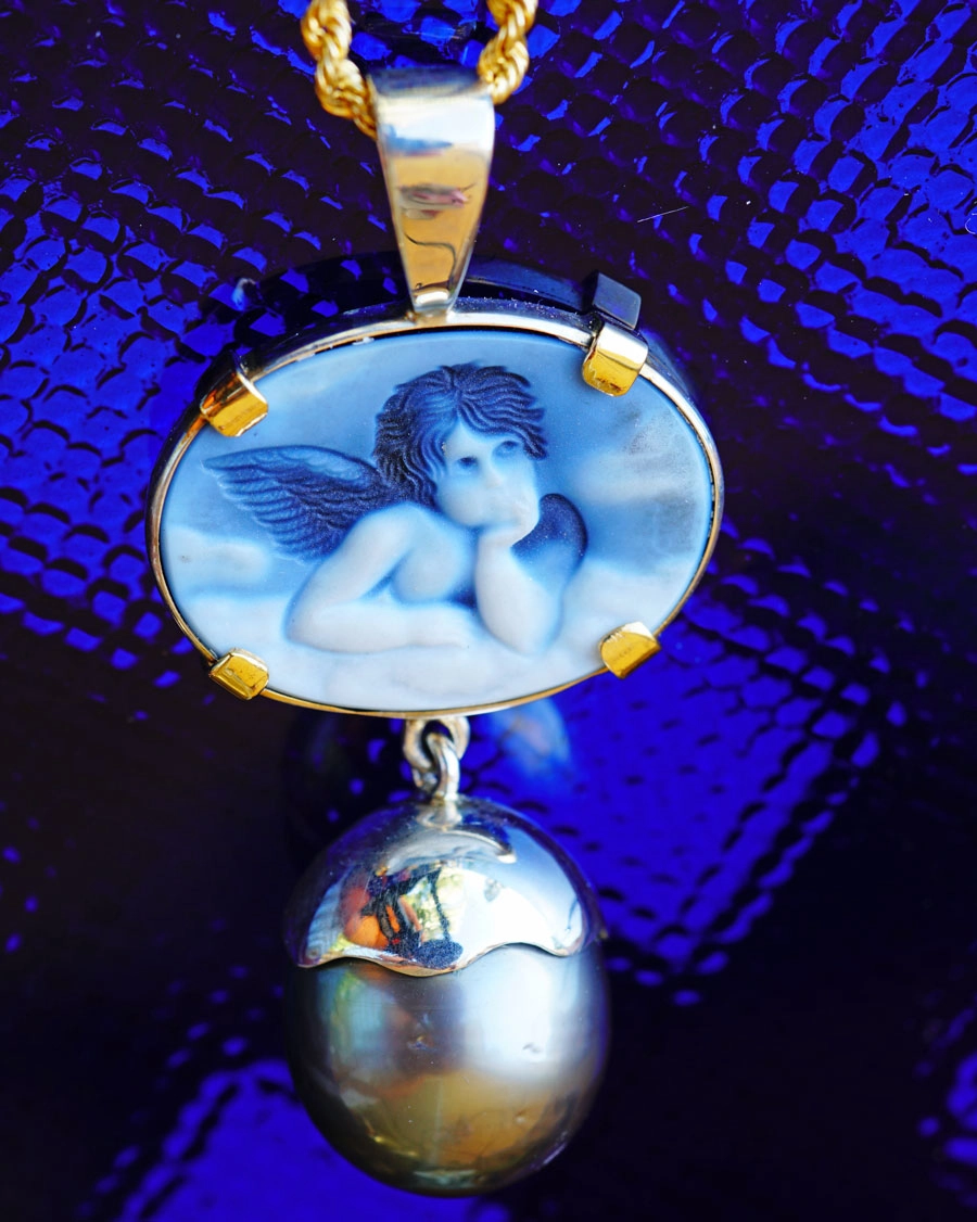 Tahiti Zuchtperl Anhänger mit Engelgemme 585er Gold Silber Goldschmiedearbeit