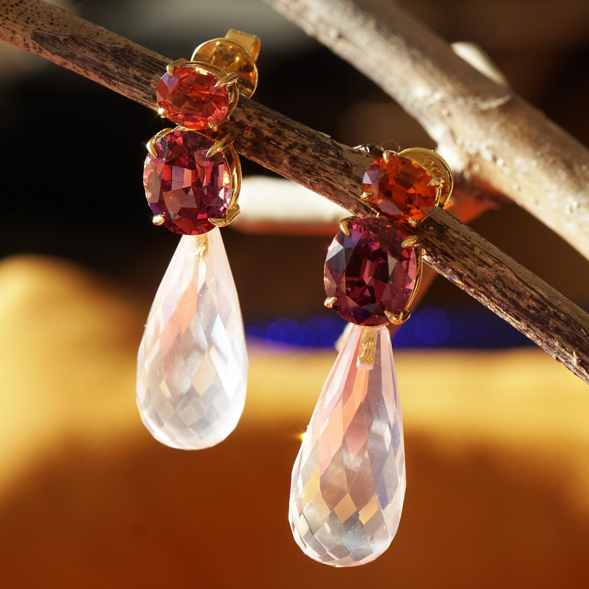 Spinel Rhodolithe Earrings 18 kt Yellow Gold ....magnificent