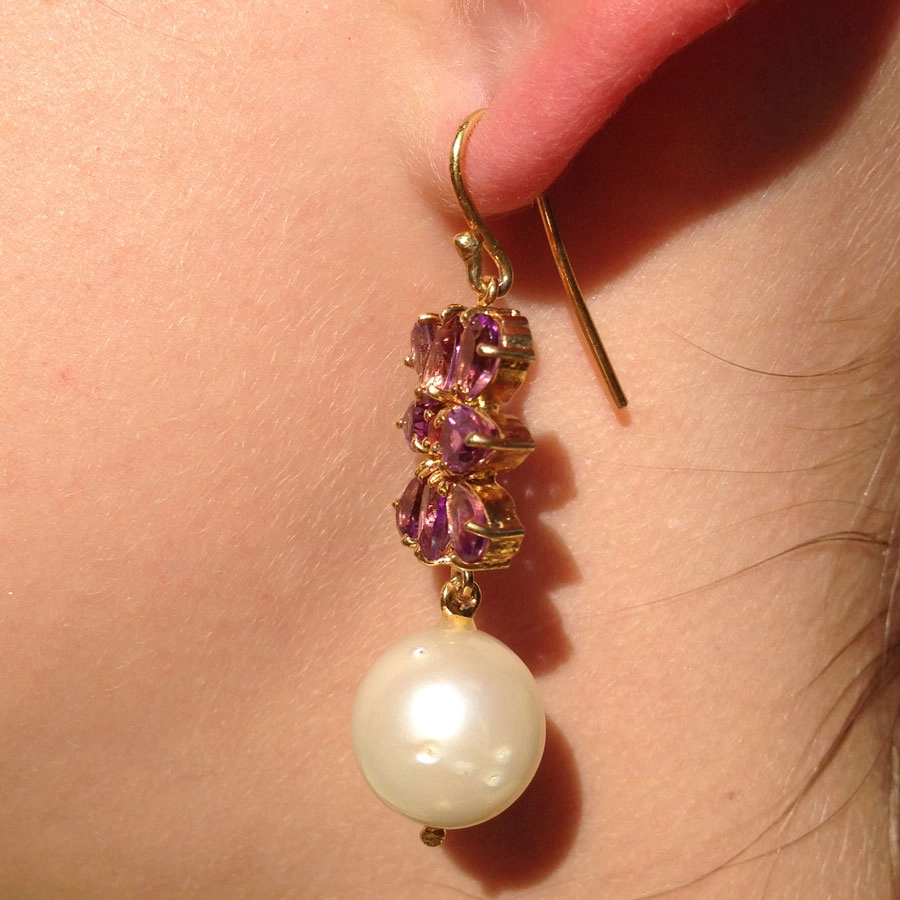 Amethyst-Granat-Südsee-Zuchtperl-Ohrhänger, Silber/vergoldet,