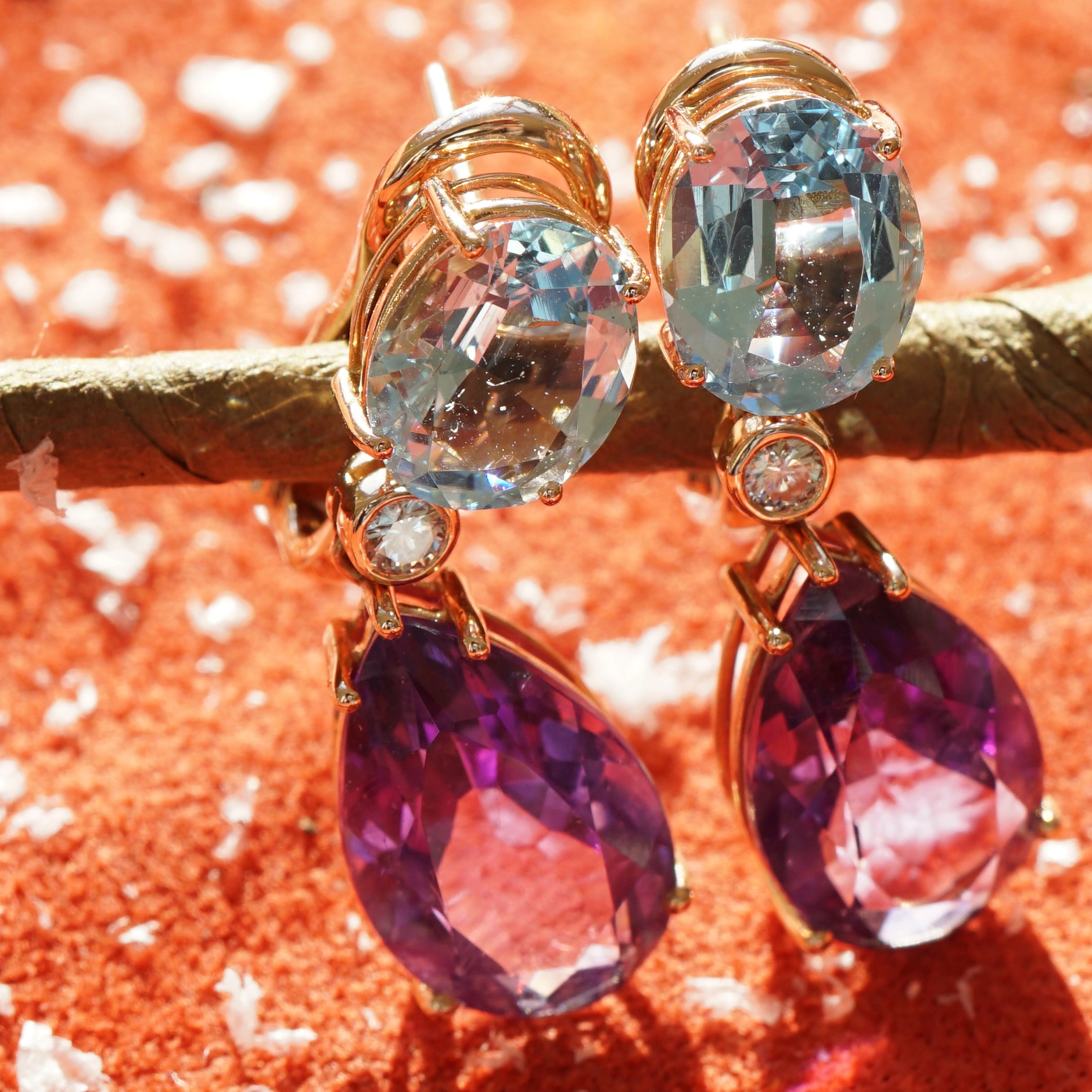 Aquamarin Amethyst Diamond Earrings 18kt Rosegold...Great Quality