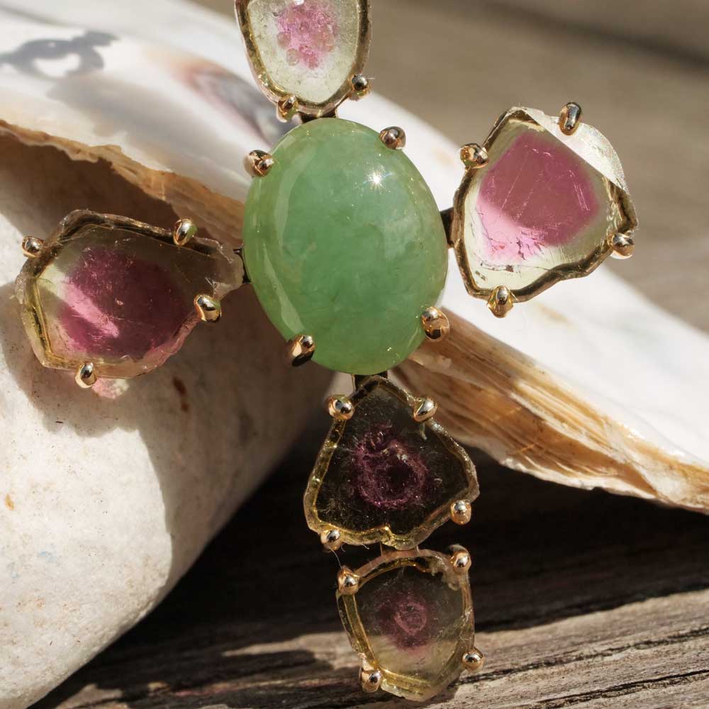 Pendant Cross Watermelons Tourmaline Jade 585 Yellow Gold 10.20 ct 15.29 ct with Short Report