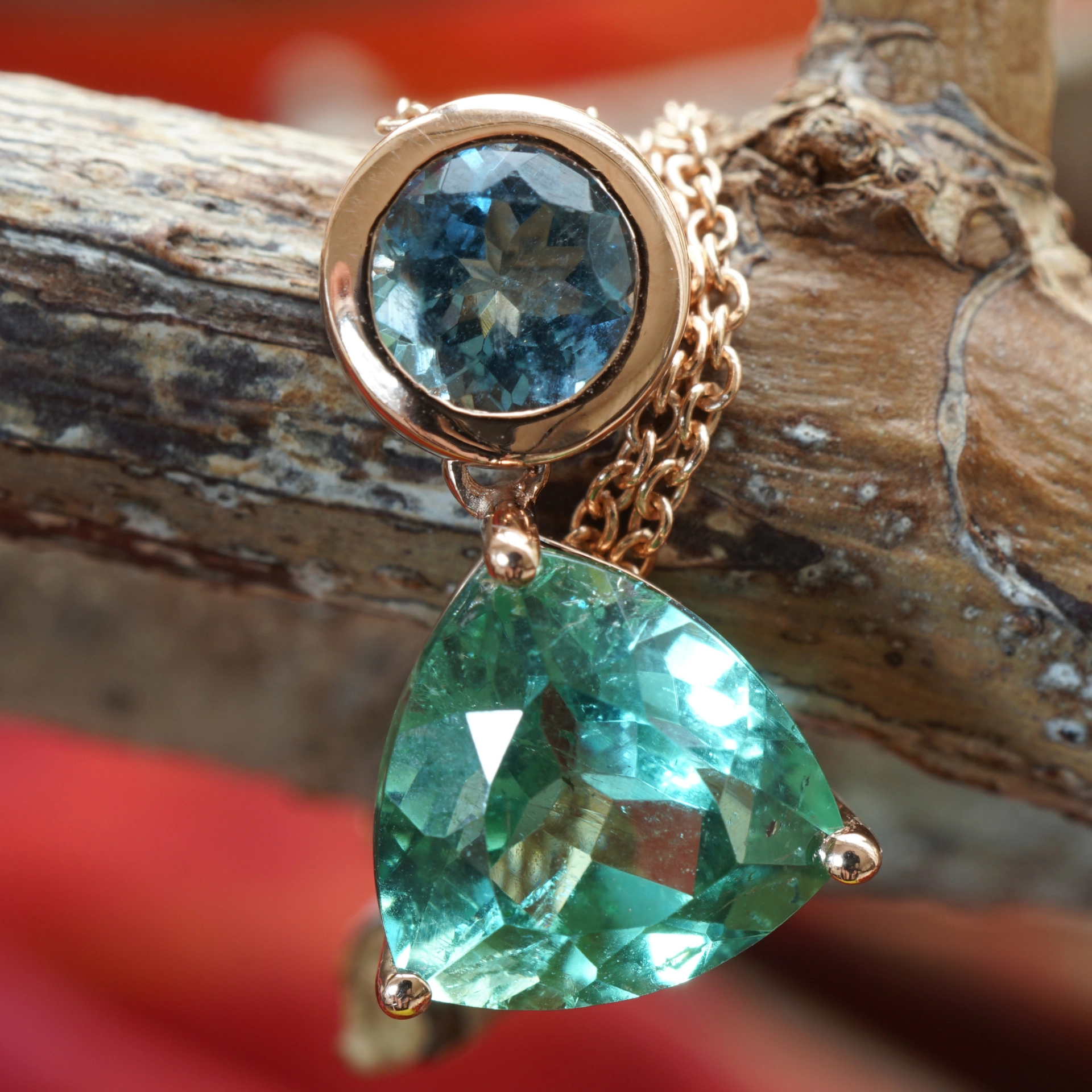 Turmalin Aquamarin Anhänger m. Kette 750er Rosegold 2.19 ct 0.36 ct AAA paraibafarben