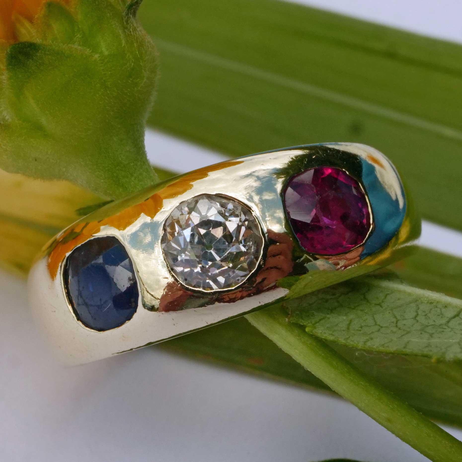 Sapphire Ruby Old Cut Brilliant Band Ring 585 Yellow Gold... beautiful gemstone qualities polished