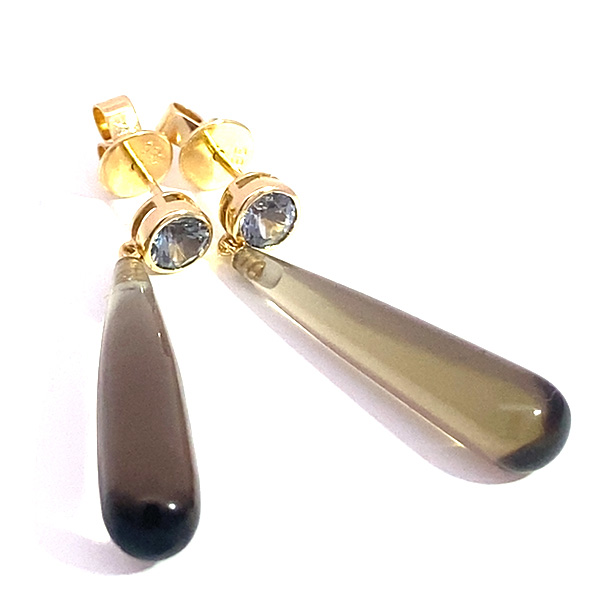 Spinel Smoky Quartz Stud Earrings in 585 Yellow Gold... long samples flatter your face