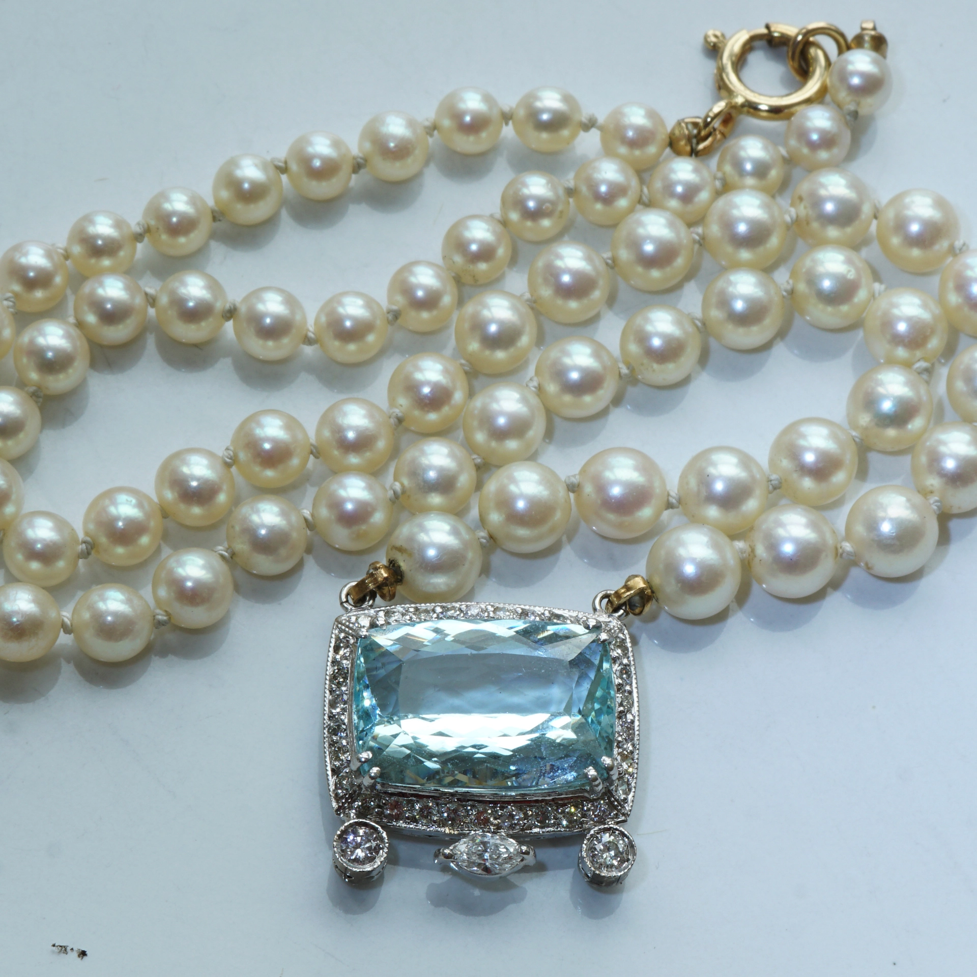 Topaz Brilliant Diamond Navette Necklace 750 White Gold fine Akoya pearls...festive