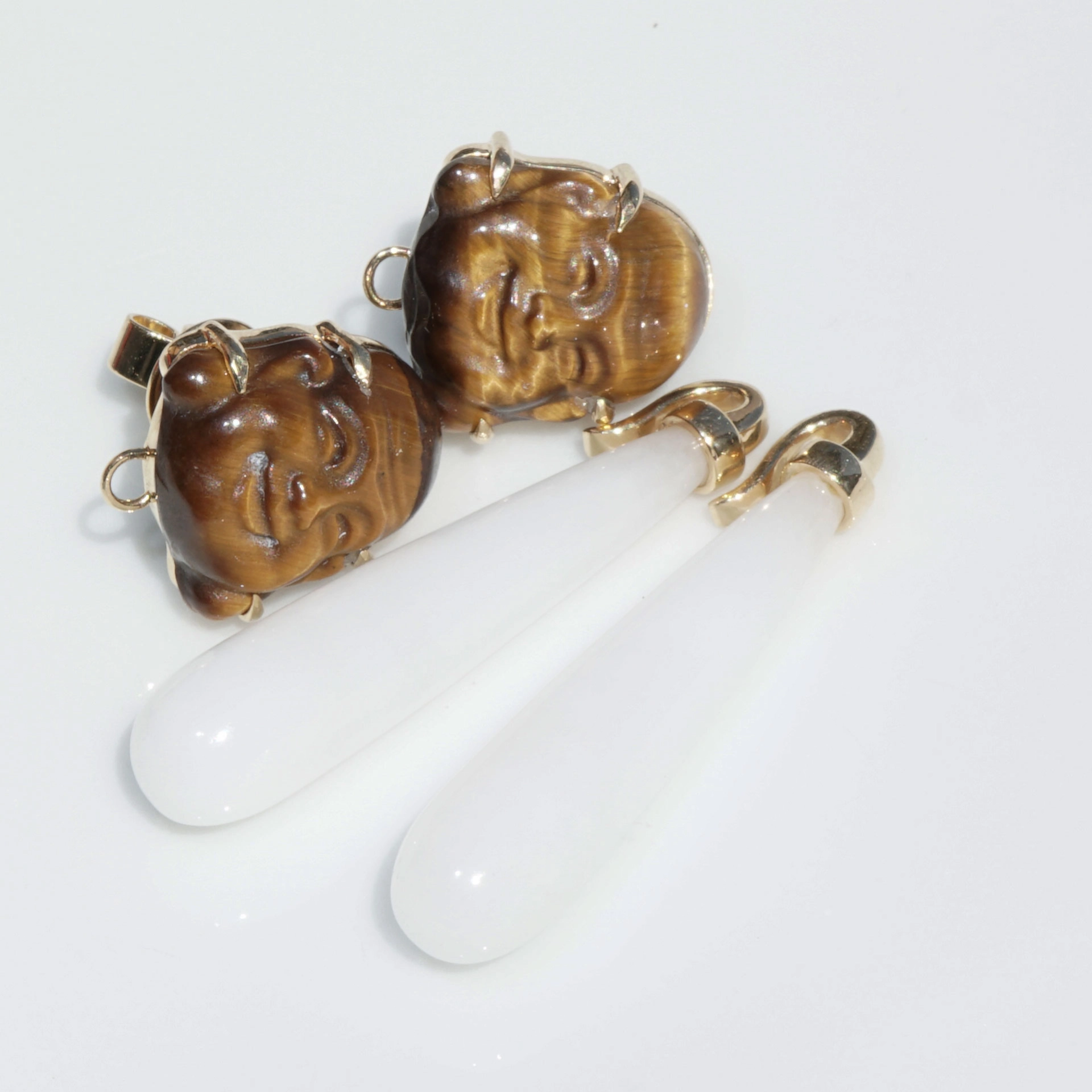 Cacholong Tiger Eye Buddha Head Earrings 18 kt Yellow Gold...makes happy