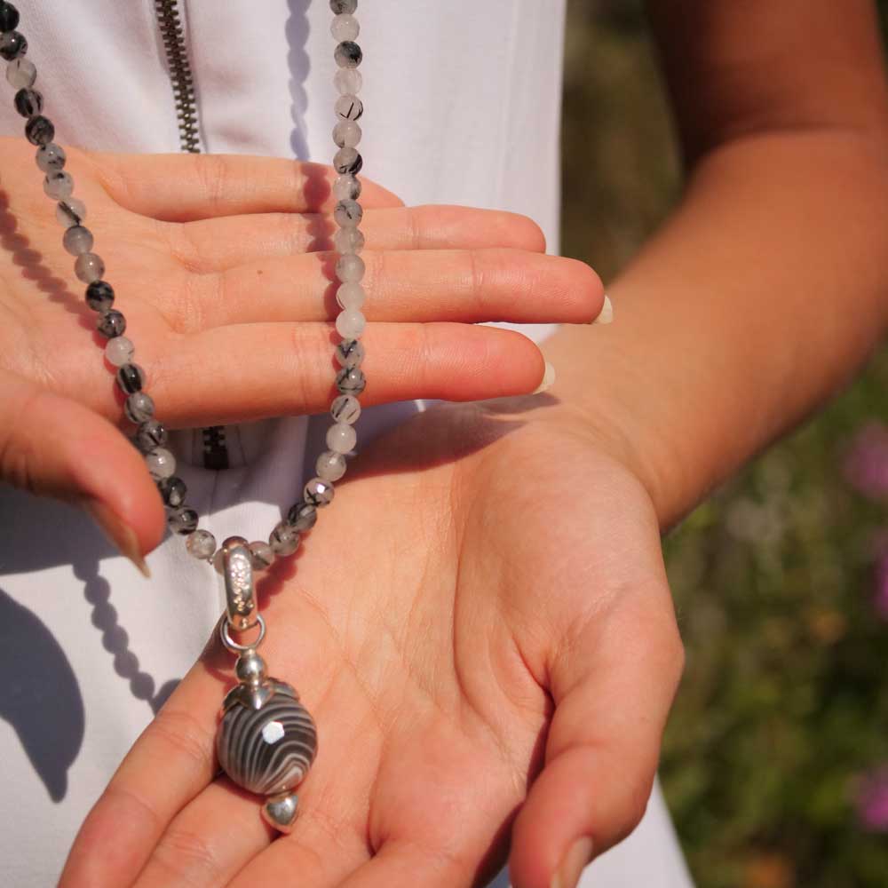 Chilango Rutilated Quartz Agate Necklace in 100 cm Length with Great Striped Agate Pendant 925 Silver