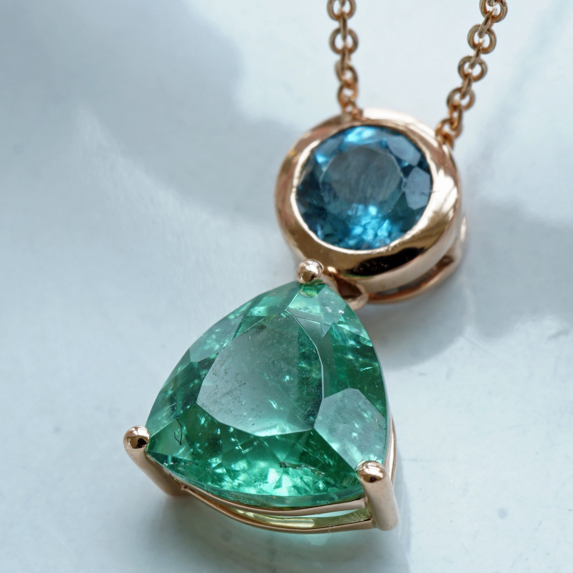 Turmalin Aquamarin Anhänger m. Kette 750er Rosegold 2.19 ct 0.36 ct AAA paraibafarben