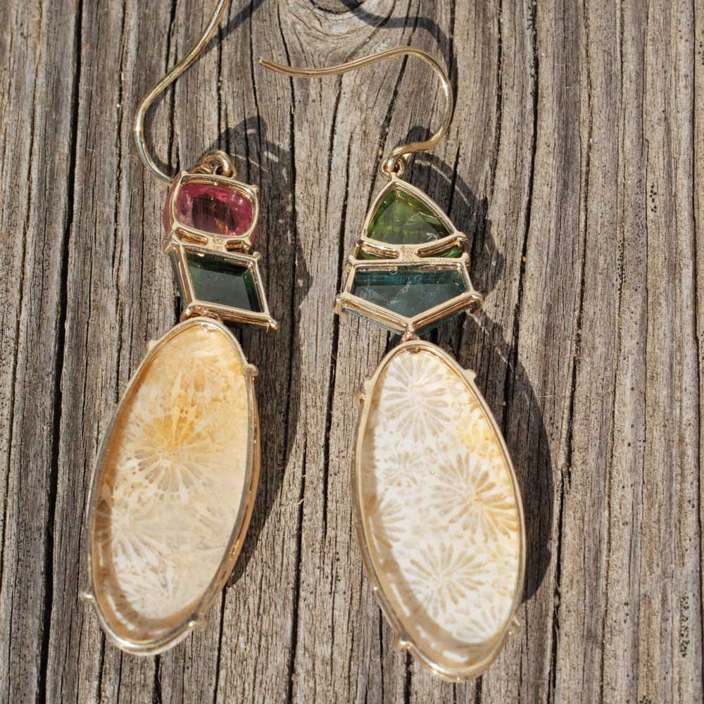 Tourmaline earrings, 585 yellow gold, 9.22 ct, with petrified coral from Bali from another period