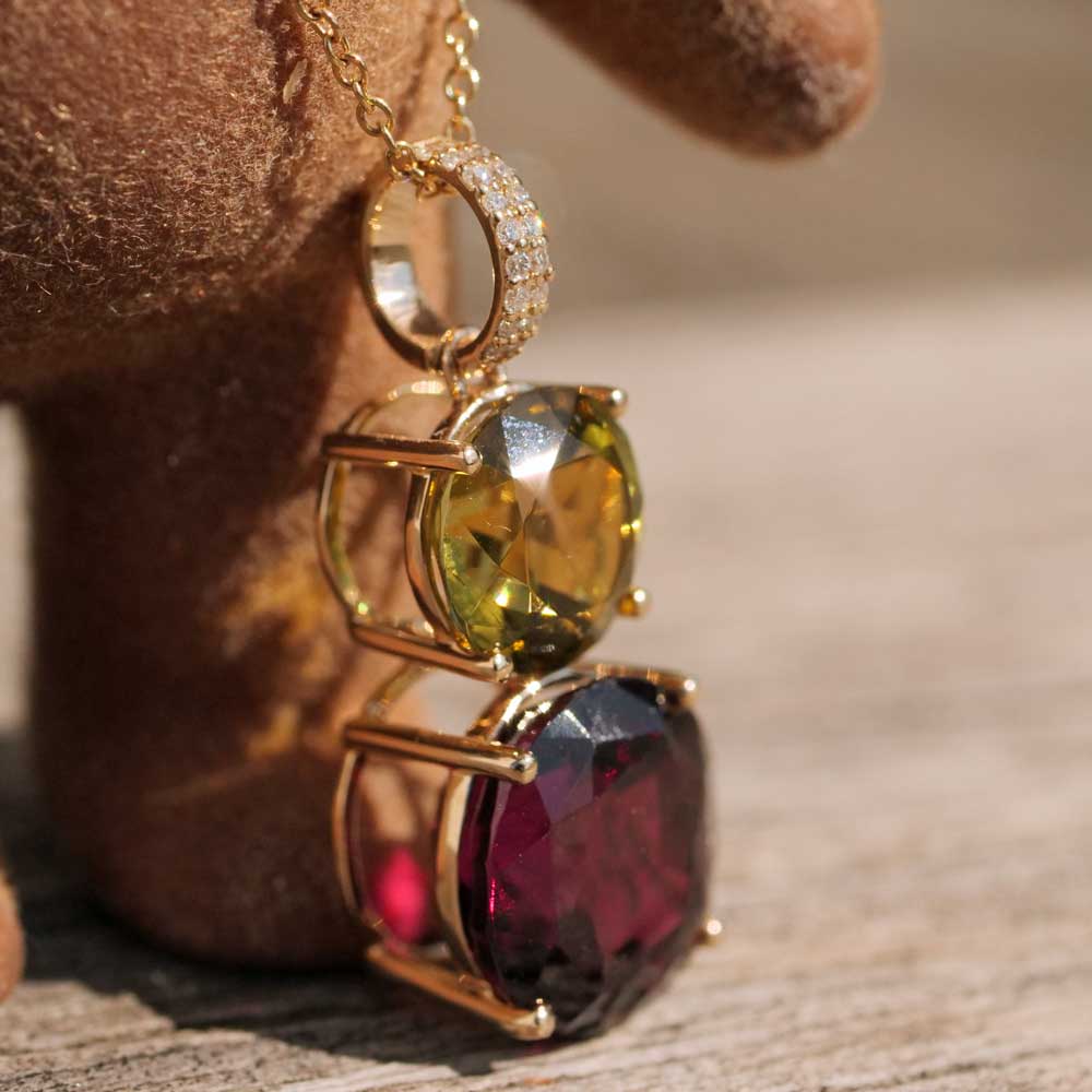 Canary Tourmaline Rhodolite Brilliant Pendant 585 Yellow Gold yellow red...colorful Garnet Tourmaline Duet