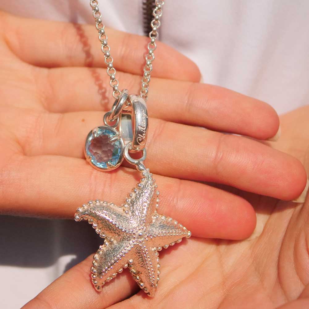 Chilango Set 3 Parts Special Price Pendant Starfish and Blue Topaz Pendant with 84 cm Round Anchor Chain