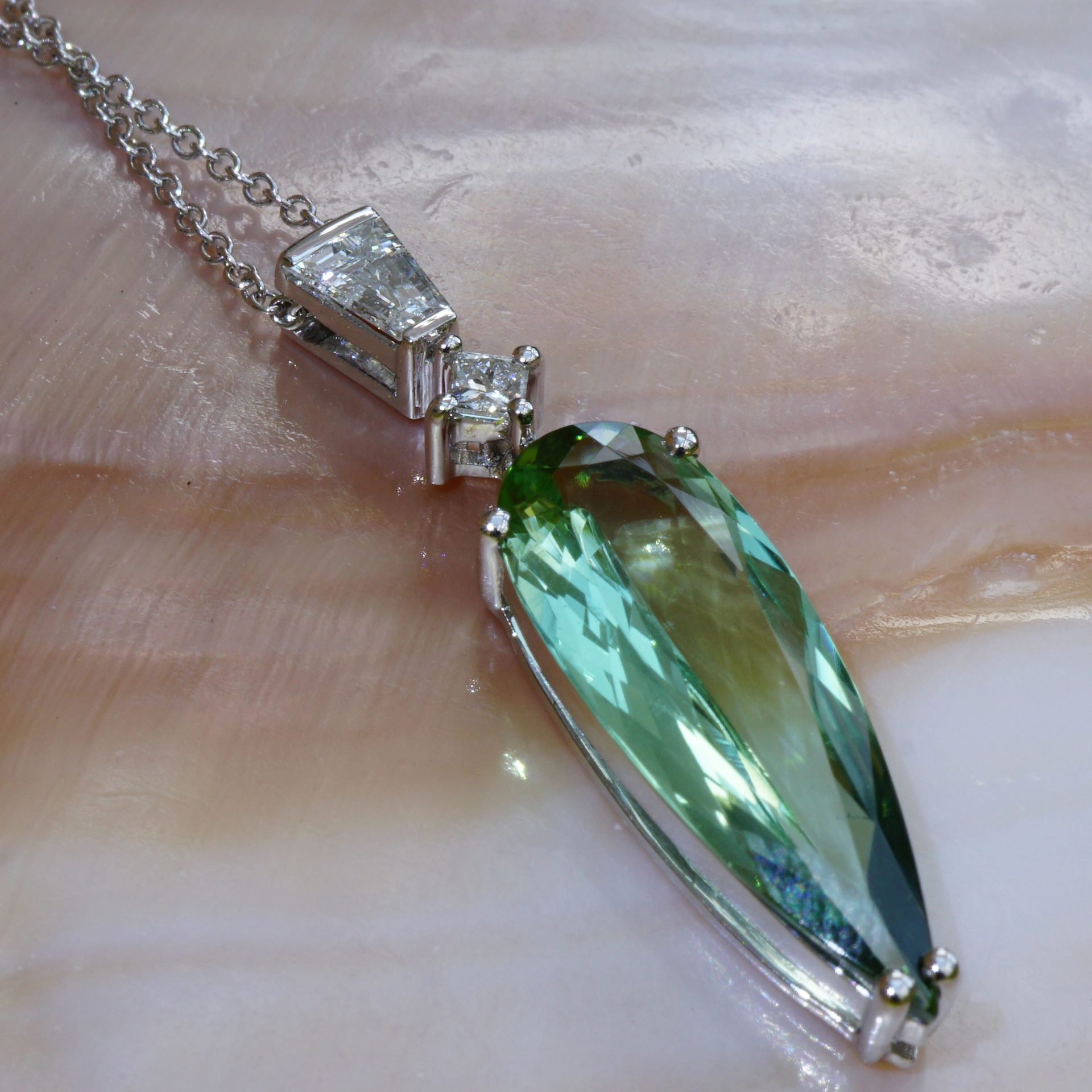 Tourmaline Seamfoam Green Diamond Necklace Rare Mint Color 18 kt White Gold