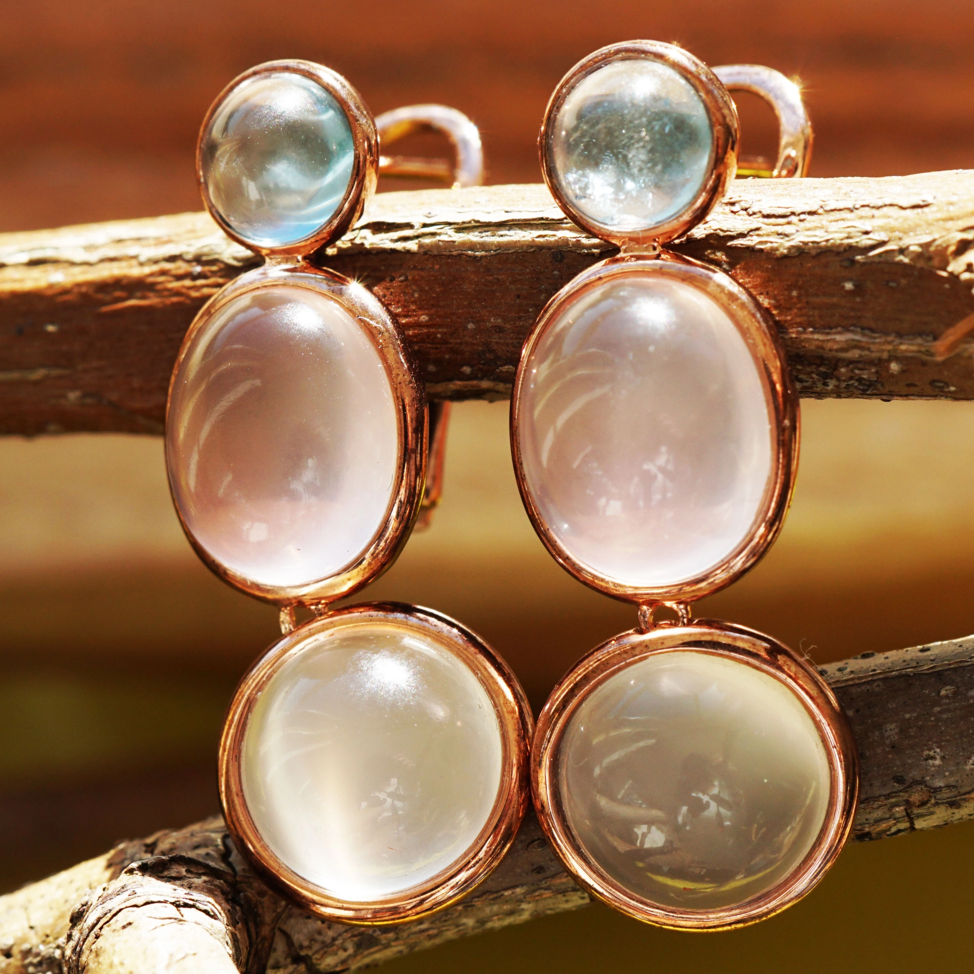 Ohrhänger in 750er Rosegold Mondstein Rosenquarz Aquamarin Fashionfarben