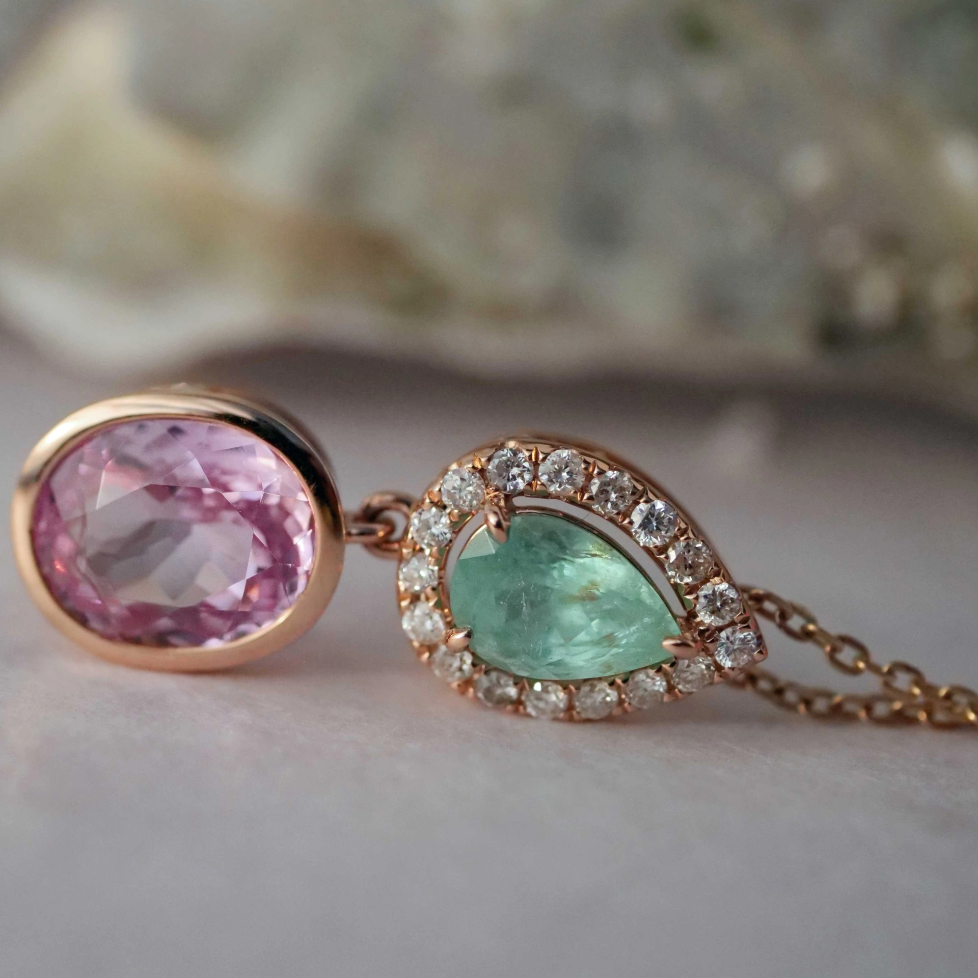Pendant fine baby pink Spinel and Paraiba Tourmaline with Diamonds....Pastel Colors