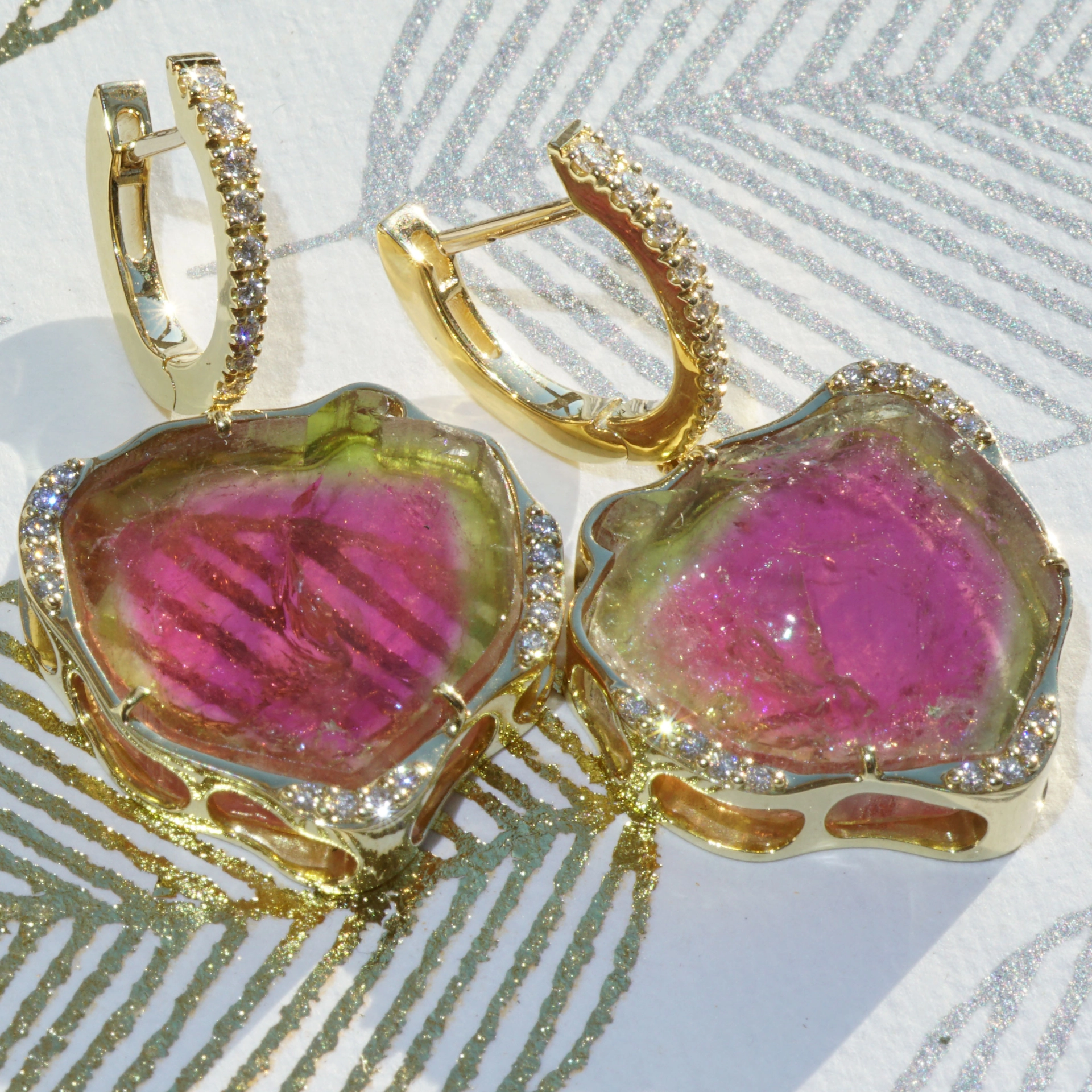 Watermelon Tourmaline Brilliant Earrings 32 ct 750 Yellow Gold