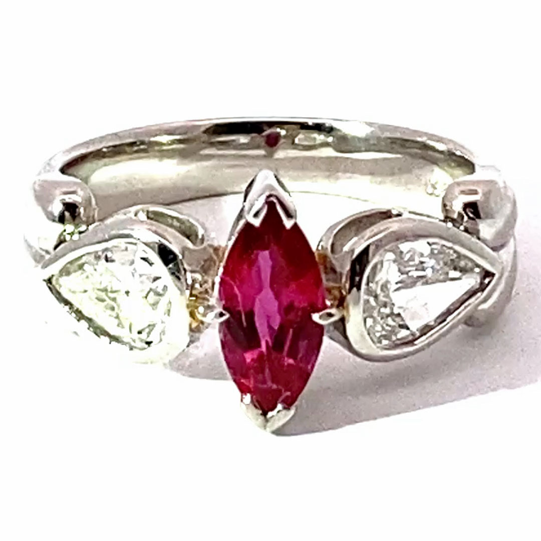 Ruby Brilliant Drop Ring in 900 Platinum AAA 0.96 ct 2x 0.465 ct W flawless