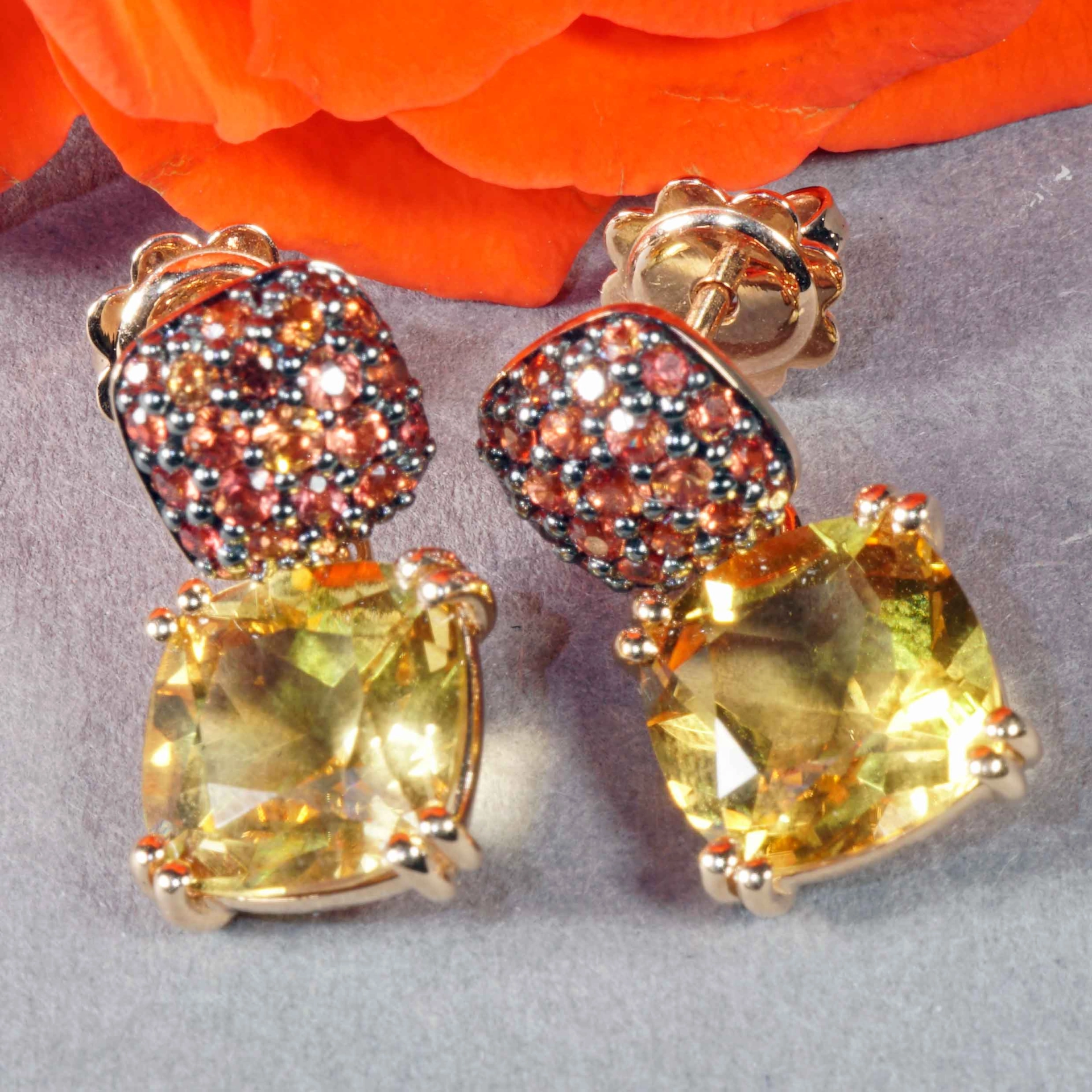 Yellow Citrin and orange Saphire Rosegold Earrings....stunning Kombination 