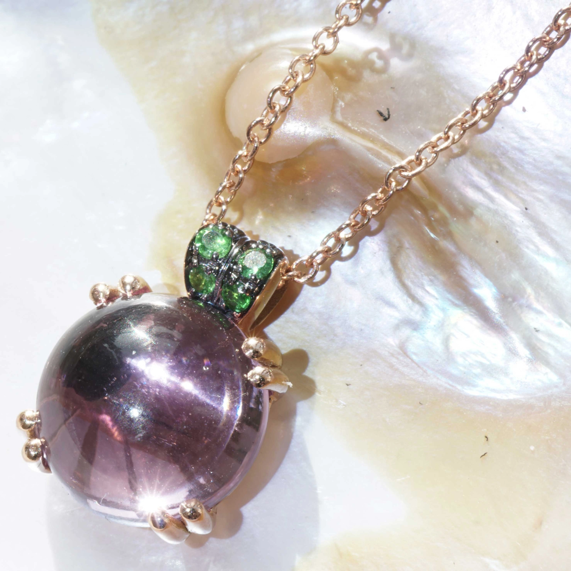 Amethyst Tsavorith Necklace 18 kt Rose Gold.sweet Bubbles..round Gemstone