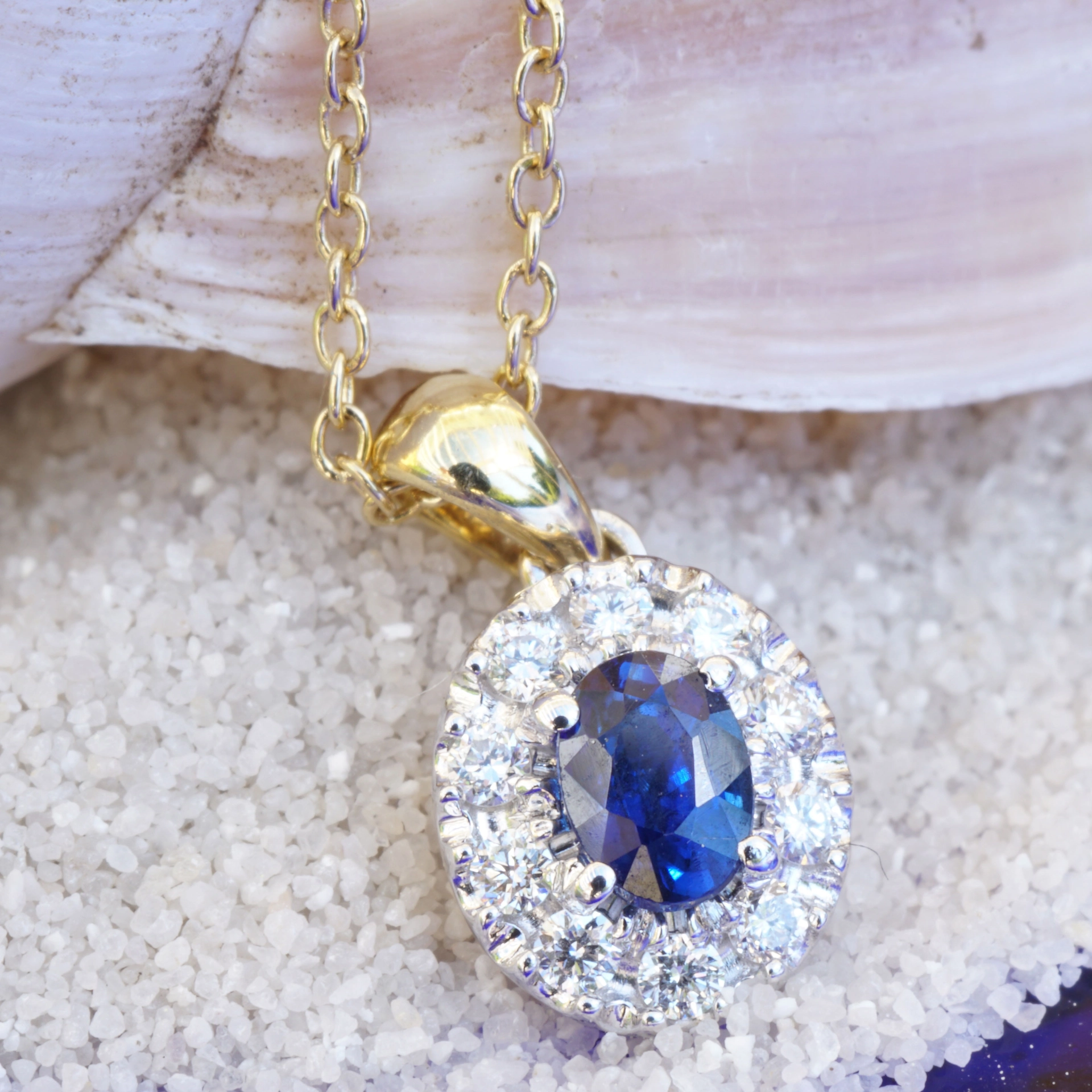 Saphir Brillant Anhänger m. Kette hergestellt in Traditionsgoldschmiede 750er Gelbgold