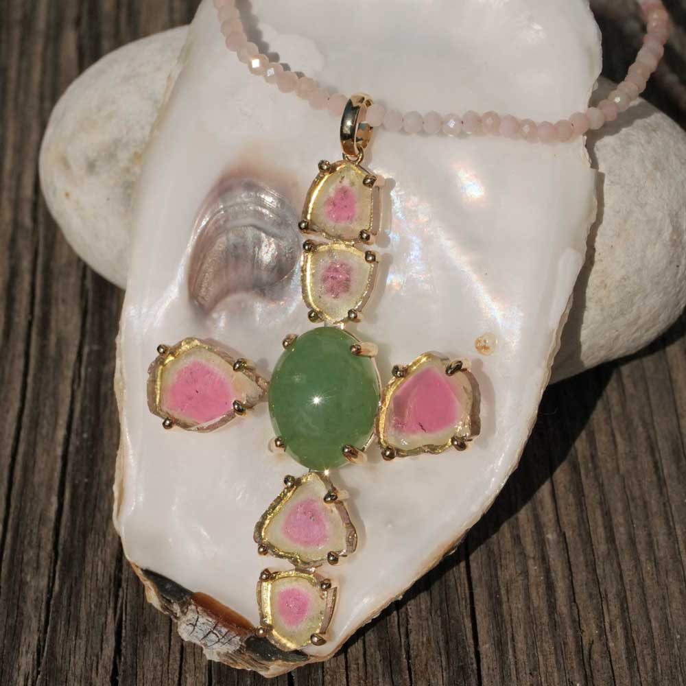 Pendant Cross Watermelons Tourmaline Jade 585 Yellow Gold 10.20 ct 15.29 ct with Short Report