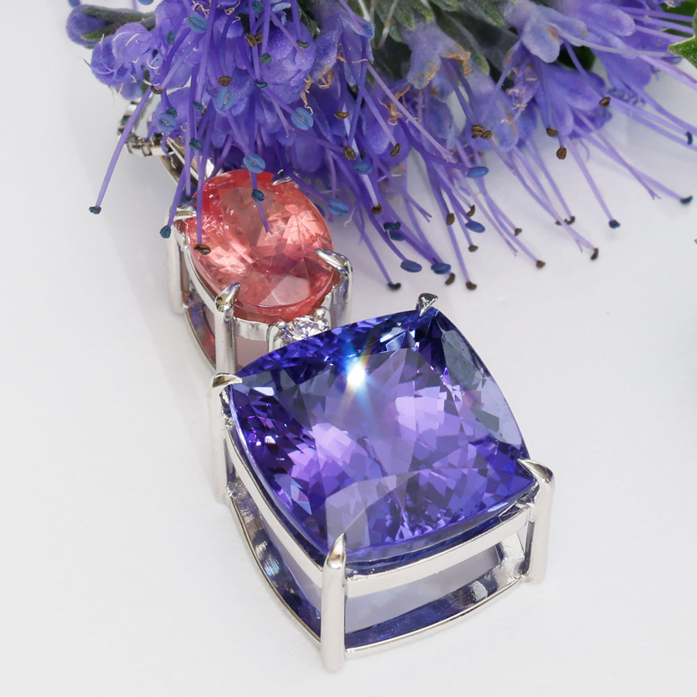 COLORWONDER Tanzanite Rhodochrosite Pendant w. Chain 10.6 and 1.84 ct AAA+ 900 Platinum