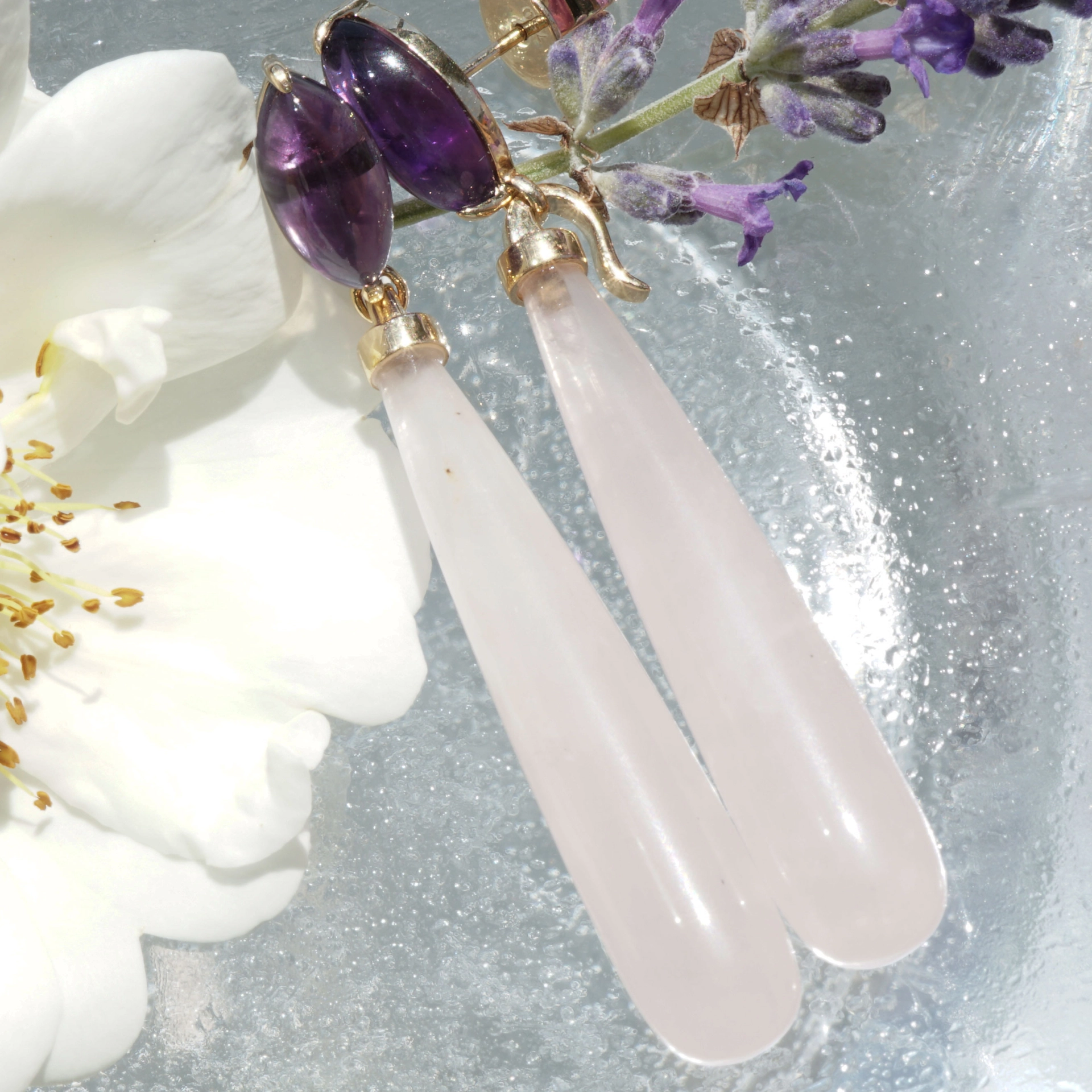 Rosequartz Amethyste Earrings 18 kt Yellowgold..pink Inspiration