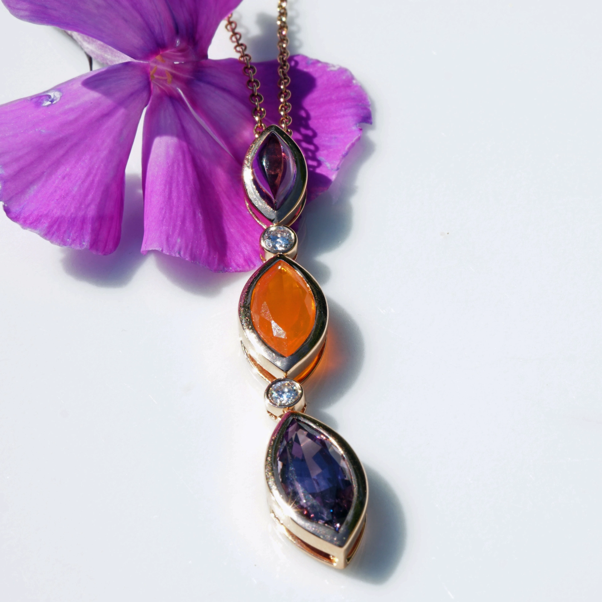 Spinel fire opal amethyst pendant 750 rose gold with brilliants..Hallelujah