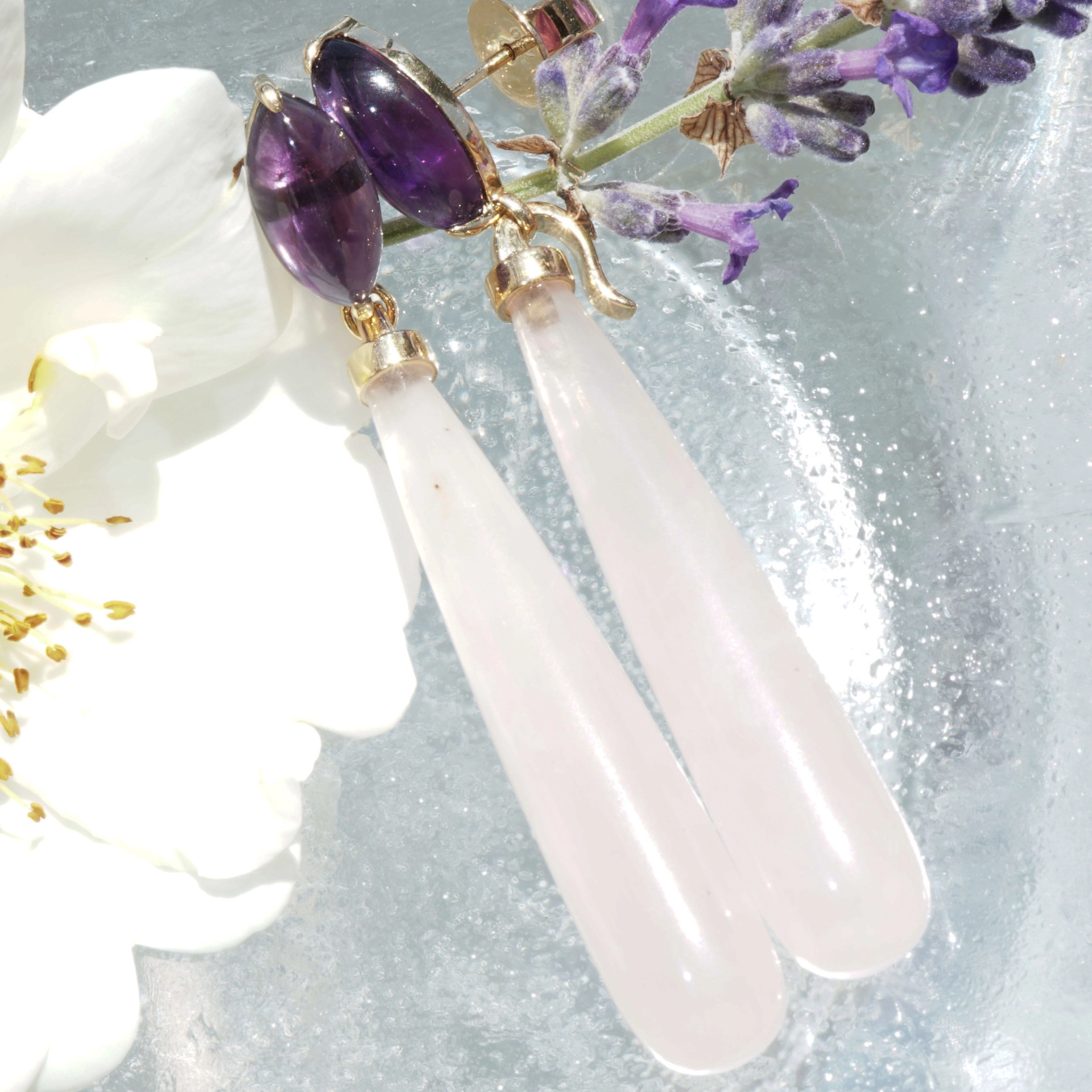 Rosequartz Amethyste Earrings 18 kt Yellowgold..pink Inspiration