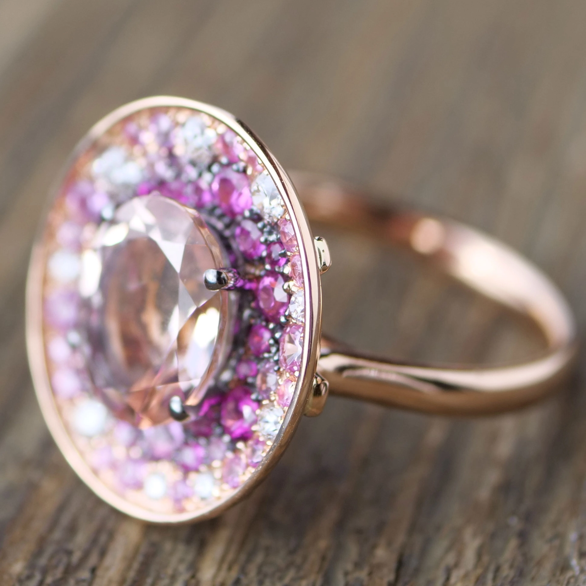 Power of Love...Rosegold Ring in Mystic Pink Colors with Saphire and Diamonds