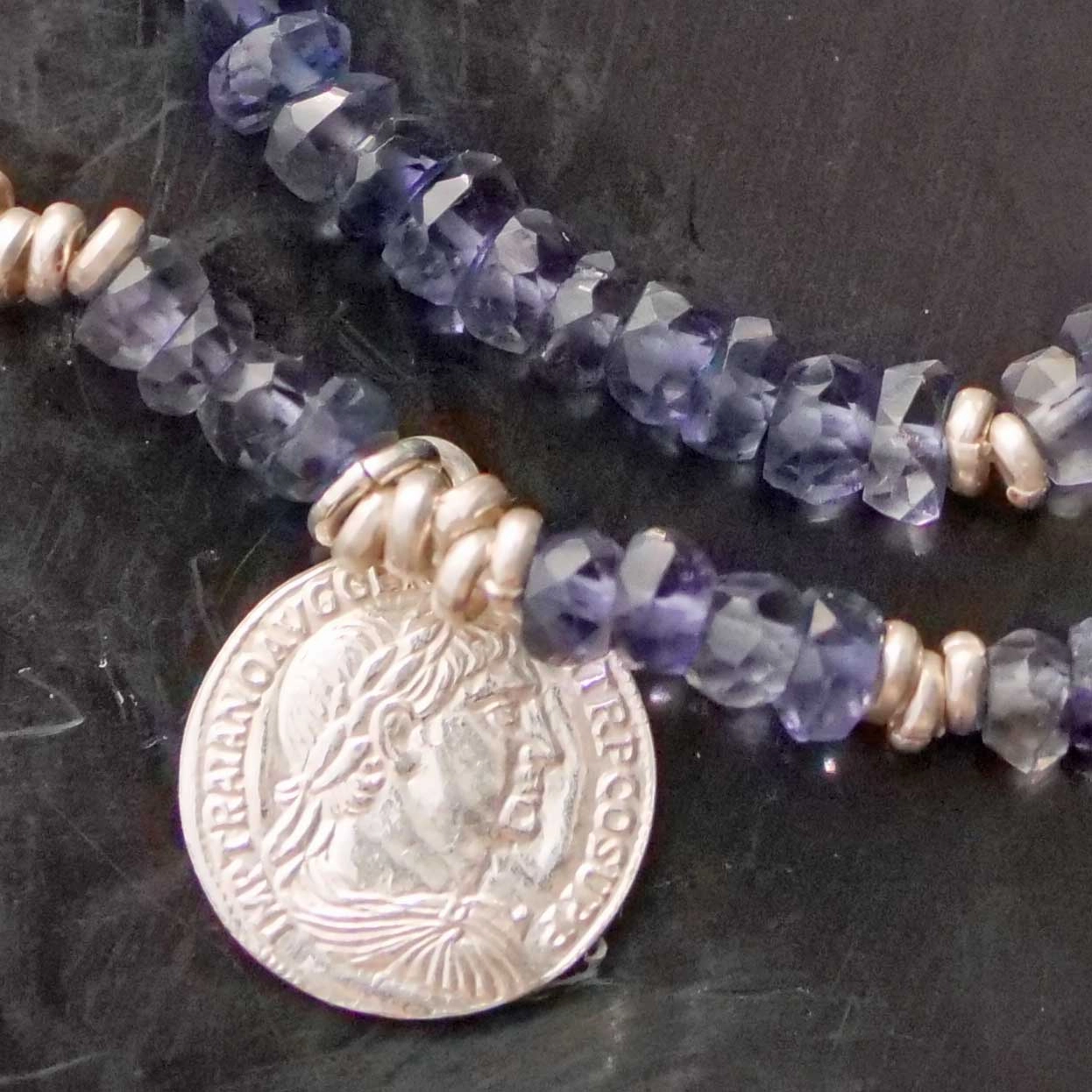 Silver Bracelet 925 Silver with Iolith and Coin Pendant