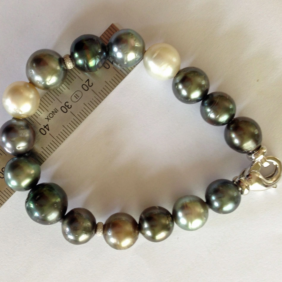 Tahiti-Zuchtperl-Armband, Magnetverschluß,Silber/Ruthenium