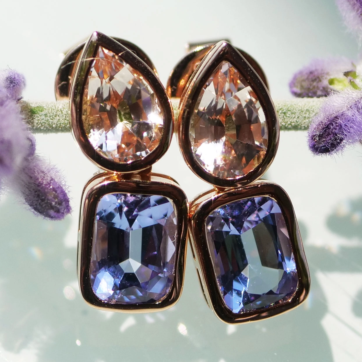 Madagascar meets Tanzania....here we combinated morganite and tansanite, not often seen