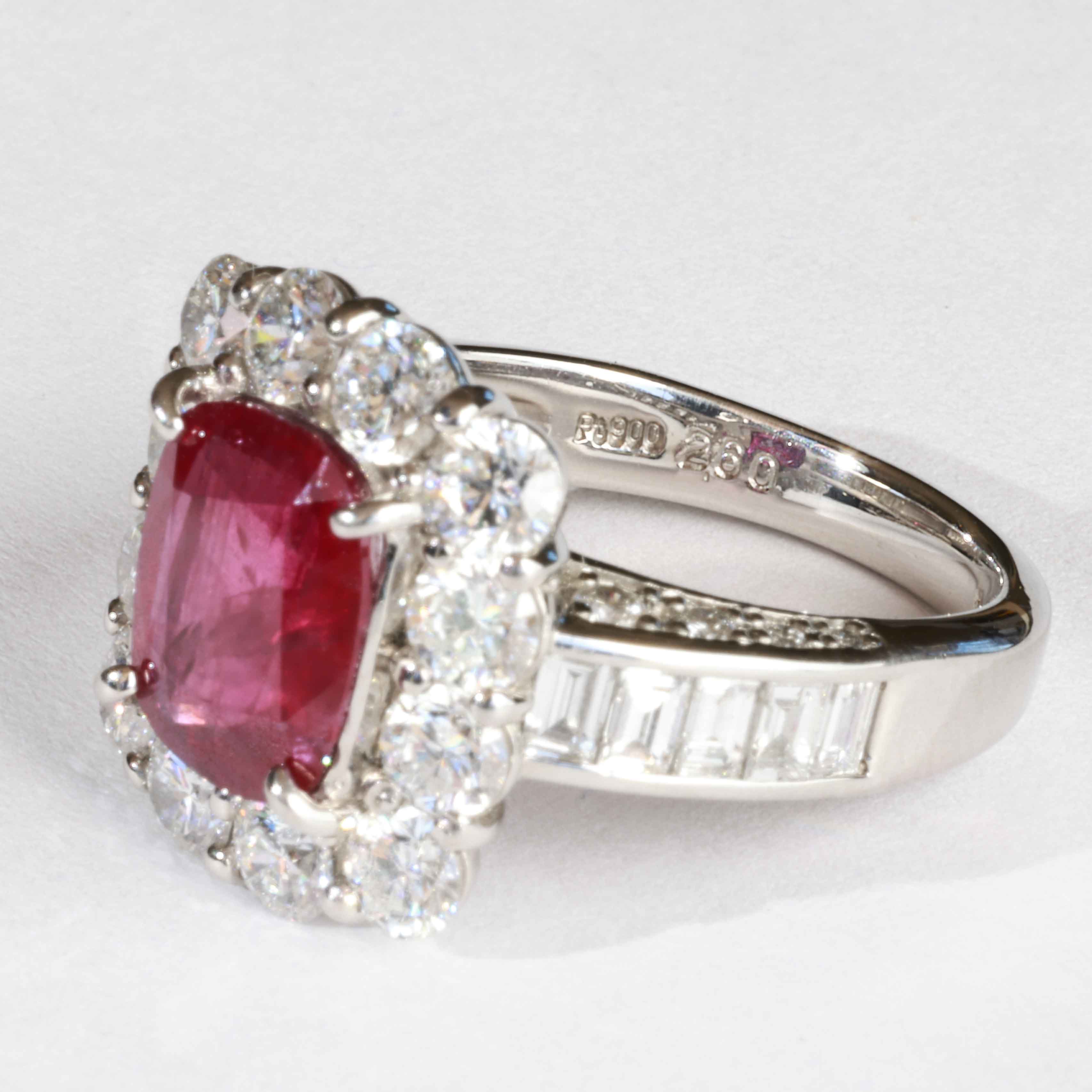 Unheated Burma Ruby Brilliant Ring 2.60 ct 2.38 ct Myanmar 950 platinum GRS certificate